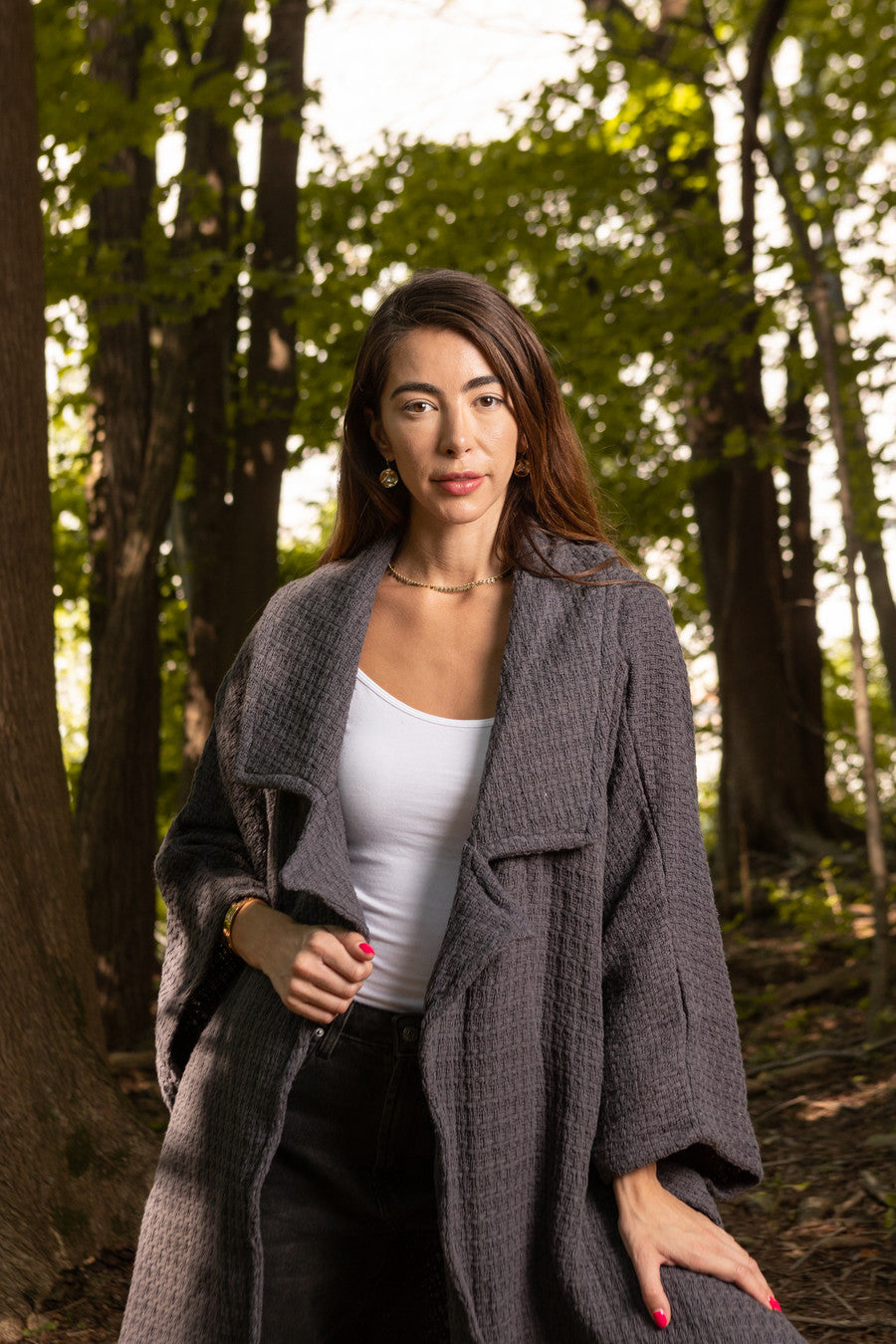 Comfy Oversized Waffle Knit Collared Jacket - Dark Gray