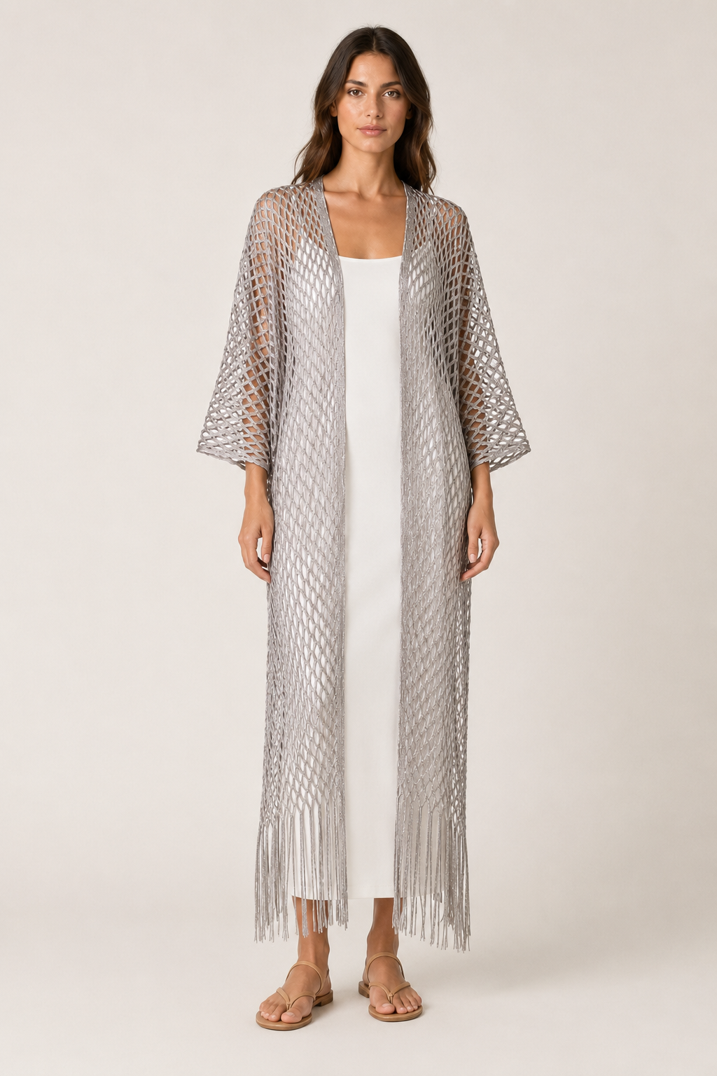 Metallic Fringe Kimono - Taupe