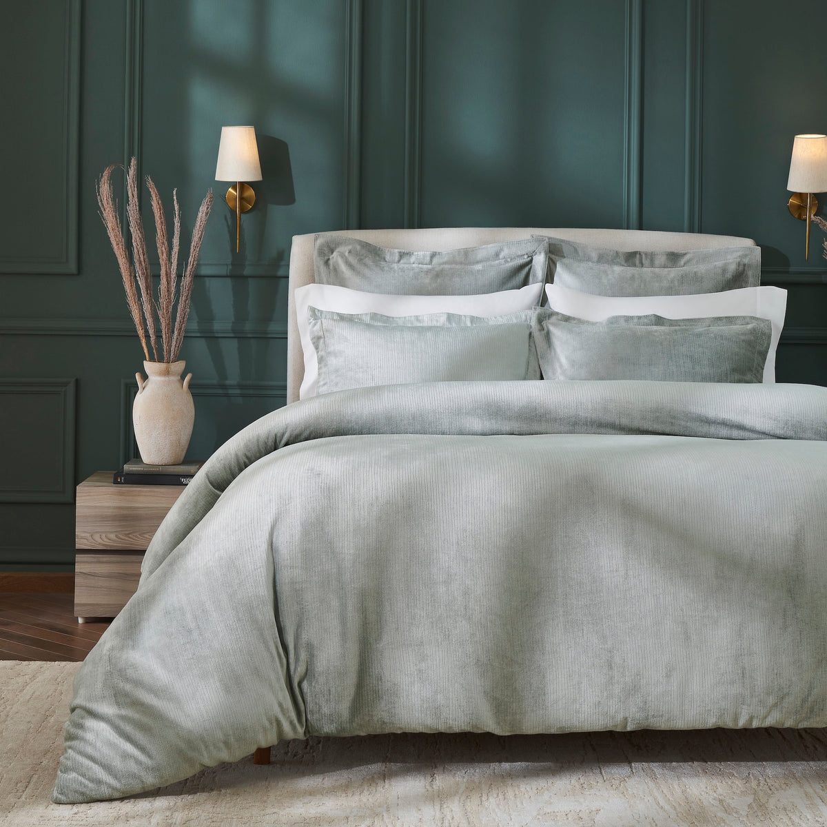 DT-054-9092_1|Luxurious sage green corduroy textured duvet cover set, soft velvet feel, elegant bedroom bedding, cozy comfortable design