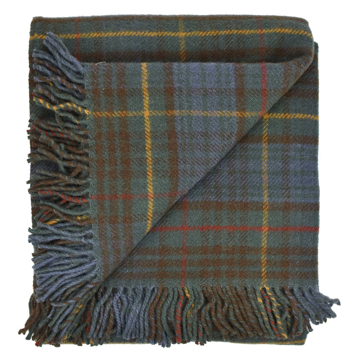 Antique Hunting Stewart tartan wool throw in green, blue, and red with a thick, rustic texture and fringed edges.