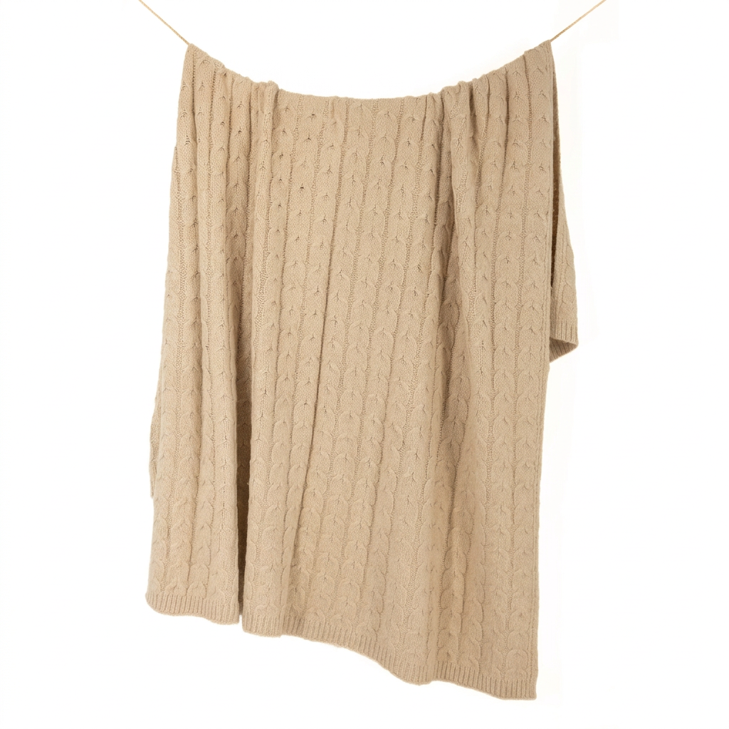 Light Tan hand-finished undyed baby alpaca & Peruvian Pima cotton cable knit throw blanket, Muru Collection, made in Peru