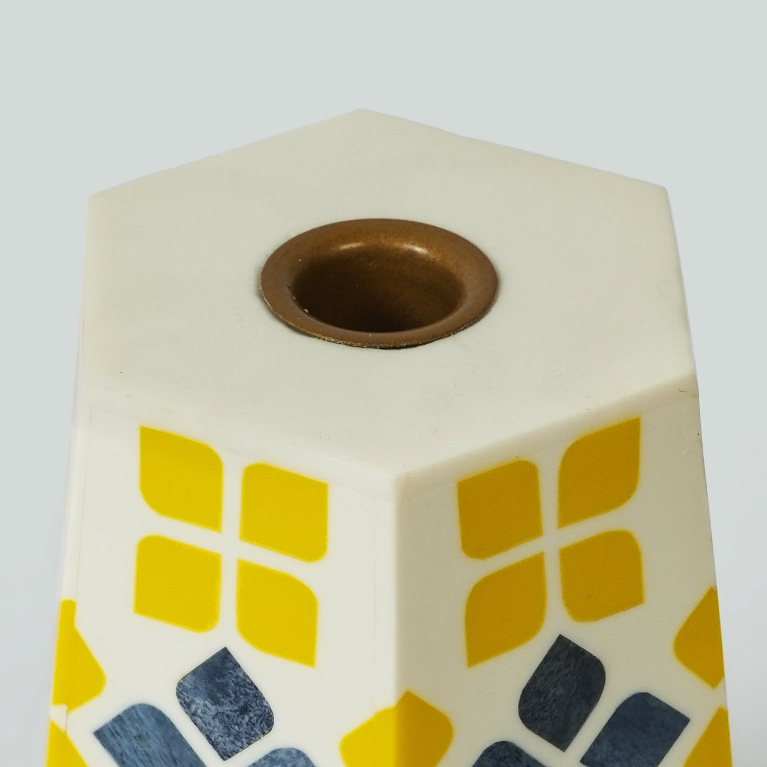 Artisanal Marigold Mosaic bone inlay candleholder styled as a vibrant tabletop decor accent.