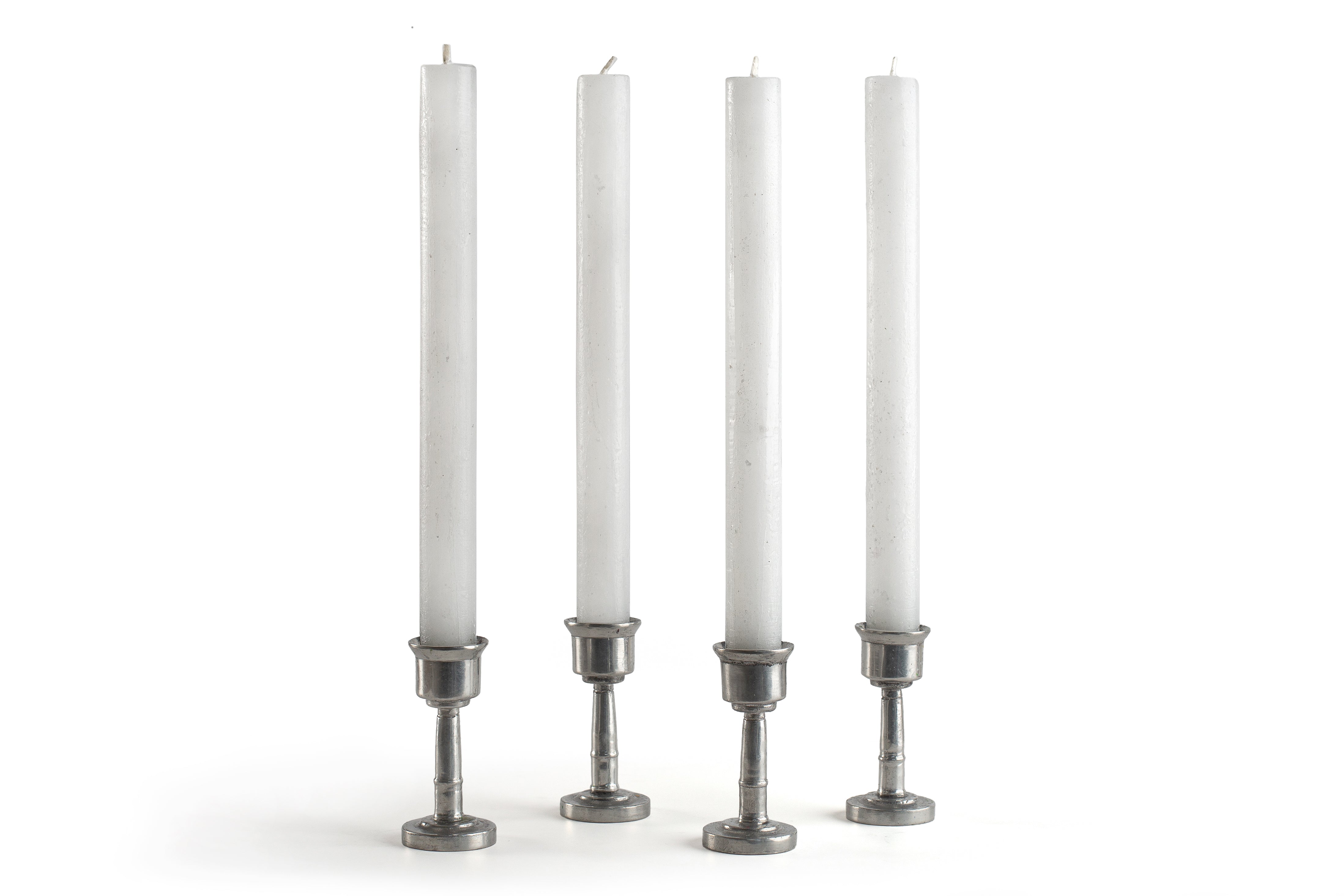 4 white frosted tapers in pewter taper holders.  Hand crafed in South Africa