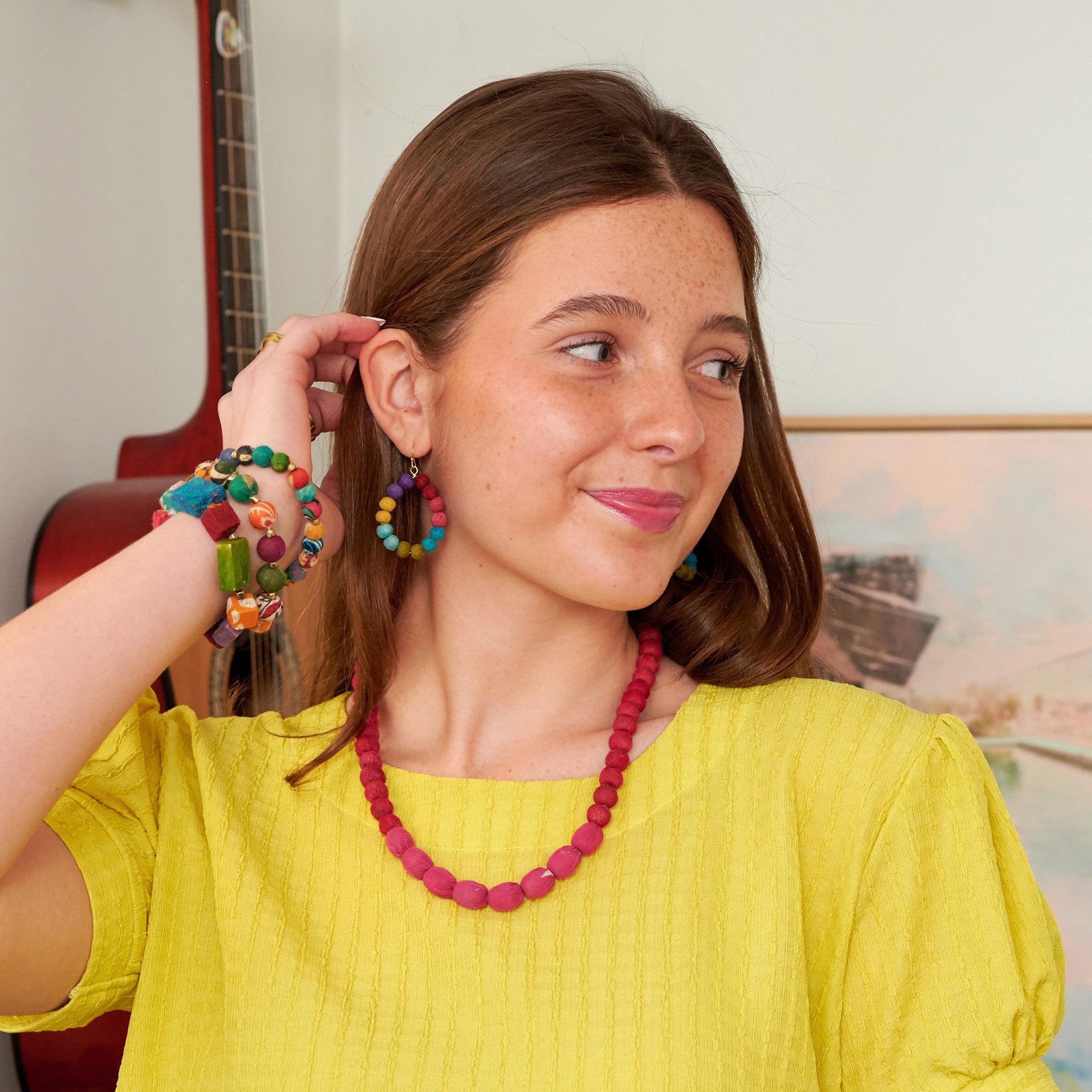 Kantha Couplet Necklace | Red/Cerise
