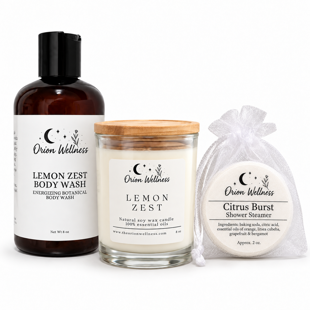Lemon Zest Shower Ritual with Lemon Zest body wash and candle and current Citrus Burst shower steamer on white