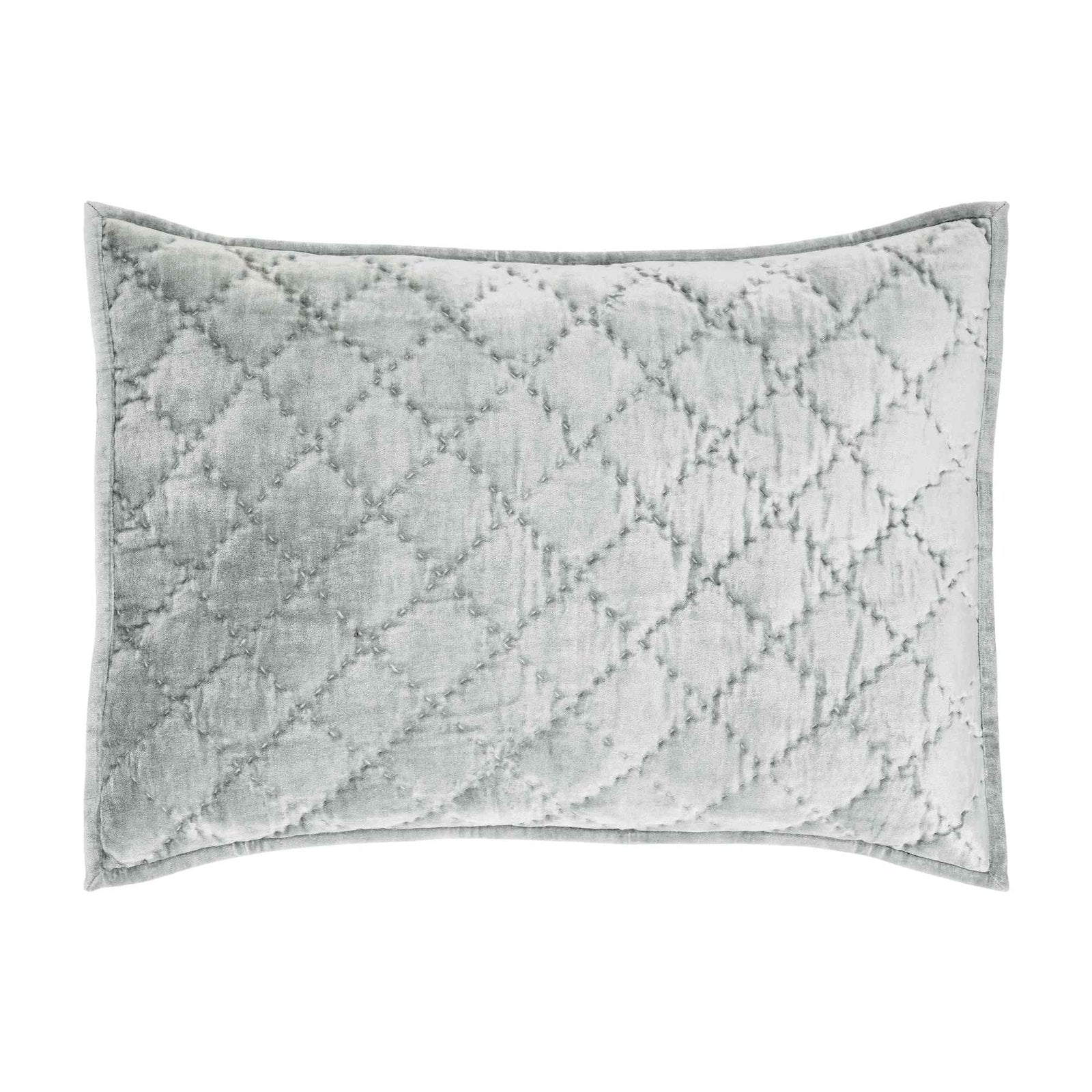 SS-356-2026_1|Soft teal velvet quilted bed sham, luxurious feel with elegant diamond pattern. Adds sophistication and comfort to bedroom.