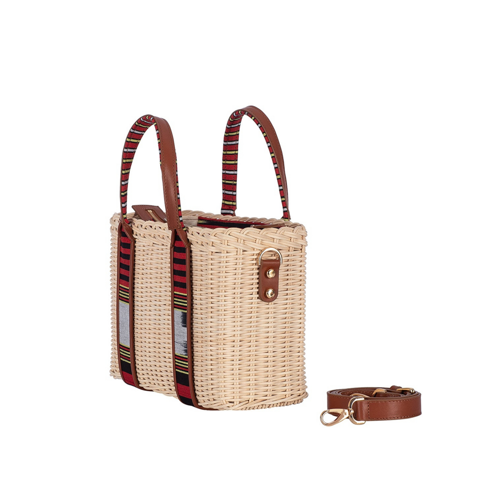 woven rattan women bag with leather detailings. accented with handmade Turkish textile