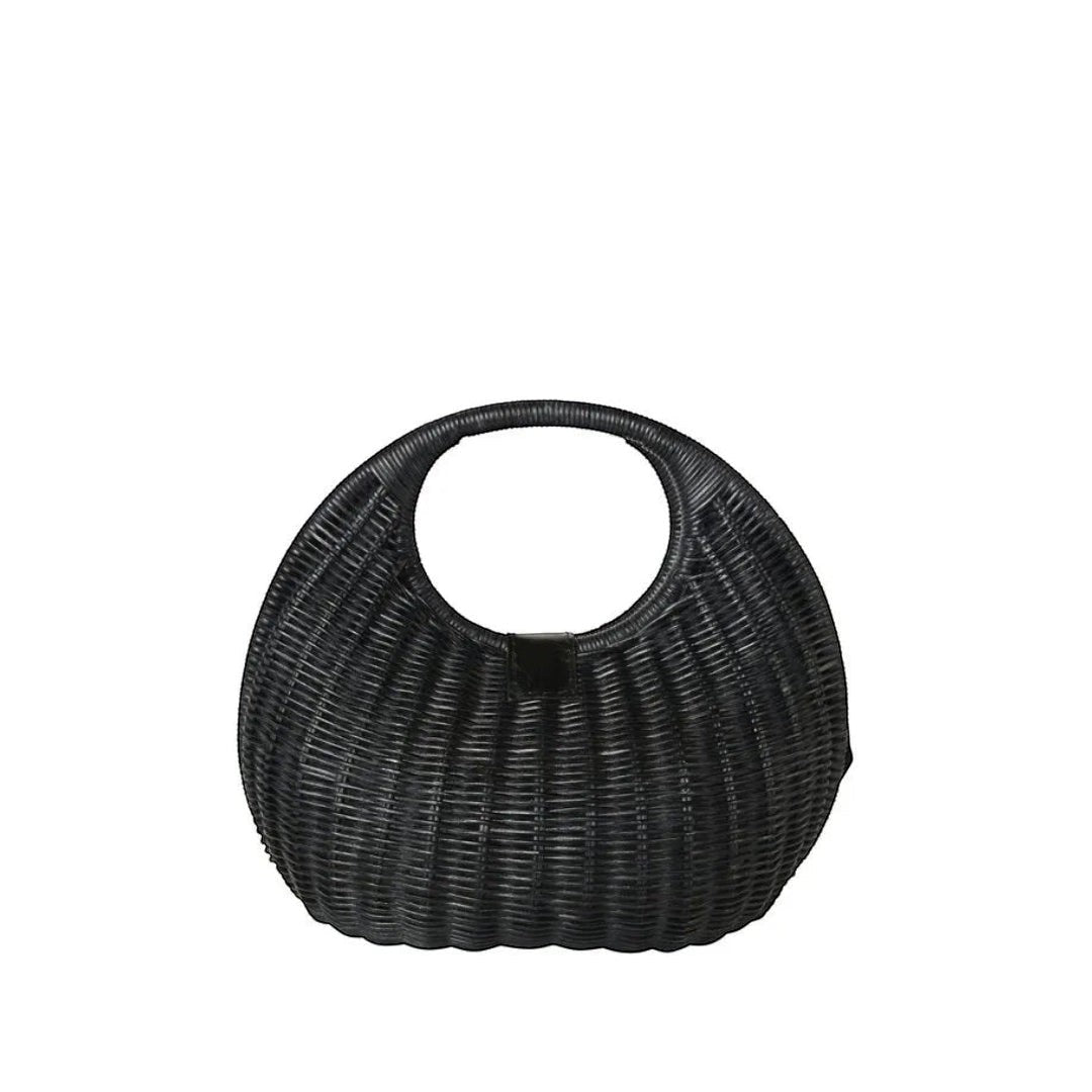 Shop Sarah Stewart Matilda black wicker handbag with leather detail and cotton lining. Modern, relaxed luxury.