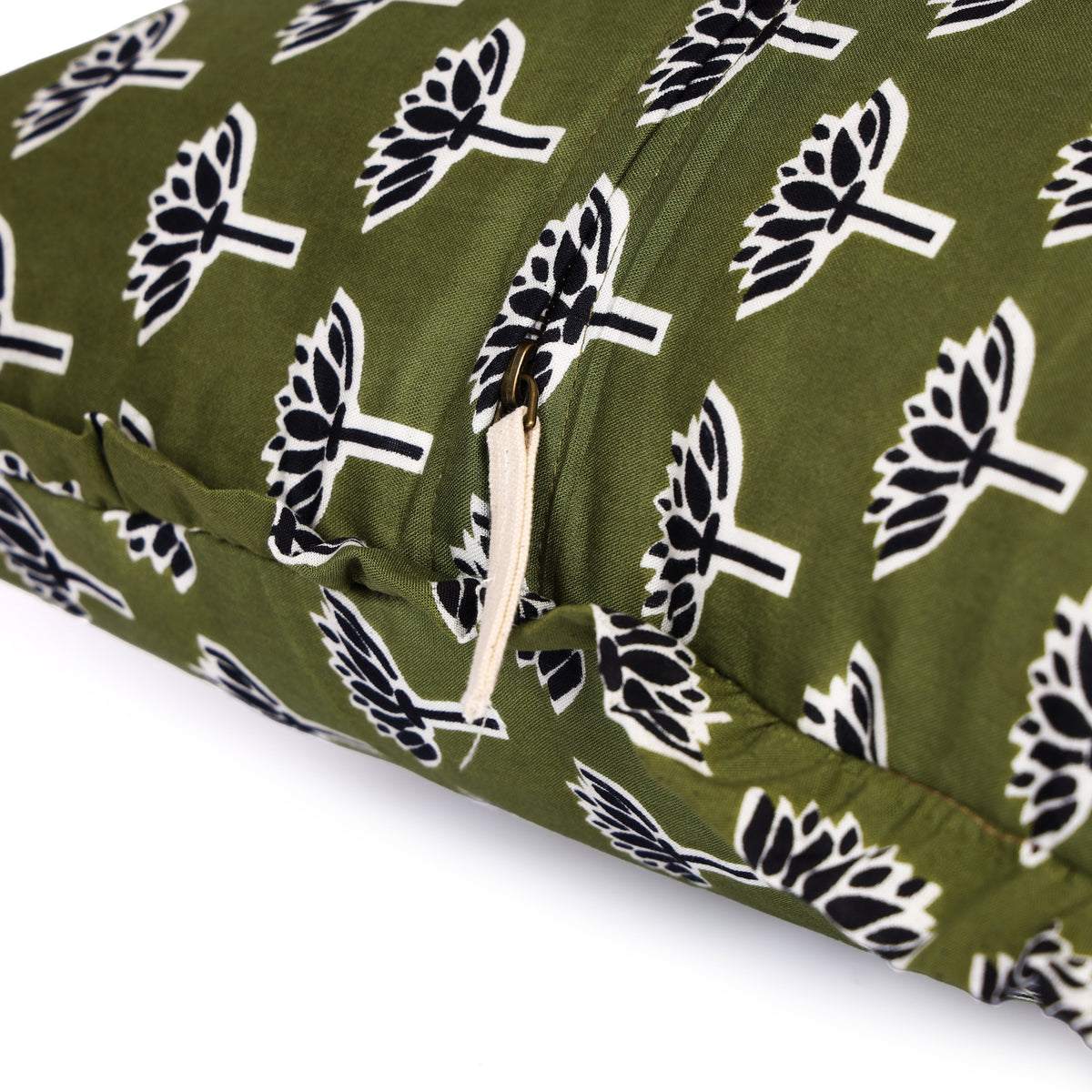 Dark green leaf-pattern block-printed pillow cover flat view
