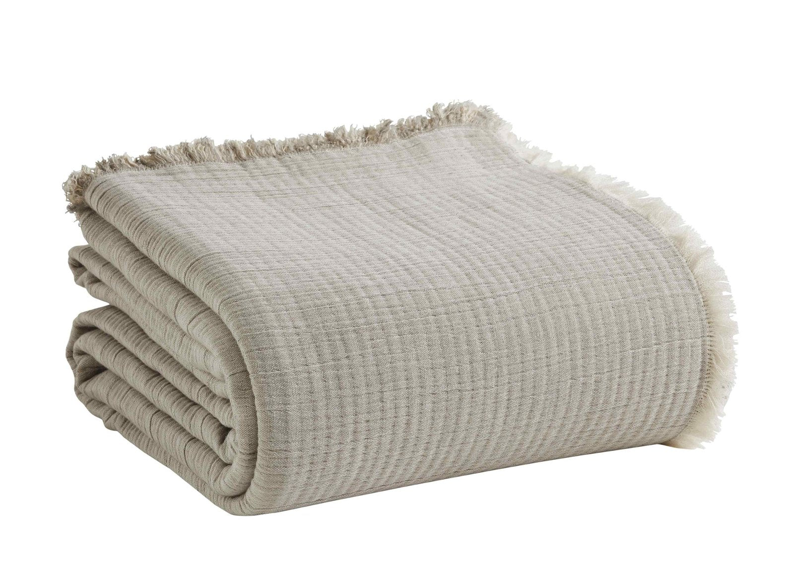 BT-102-9496_4|Folded light grey textured blanket with stylish fringe, offering cozy warmth and a sophisticated neutral accent for home.