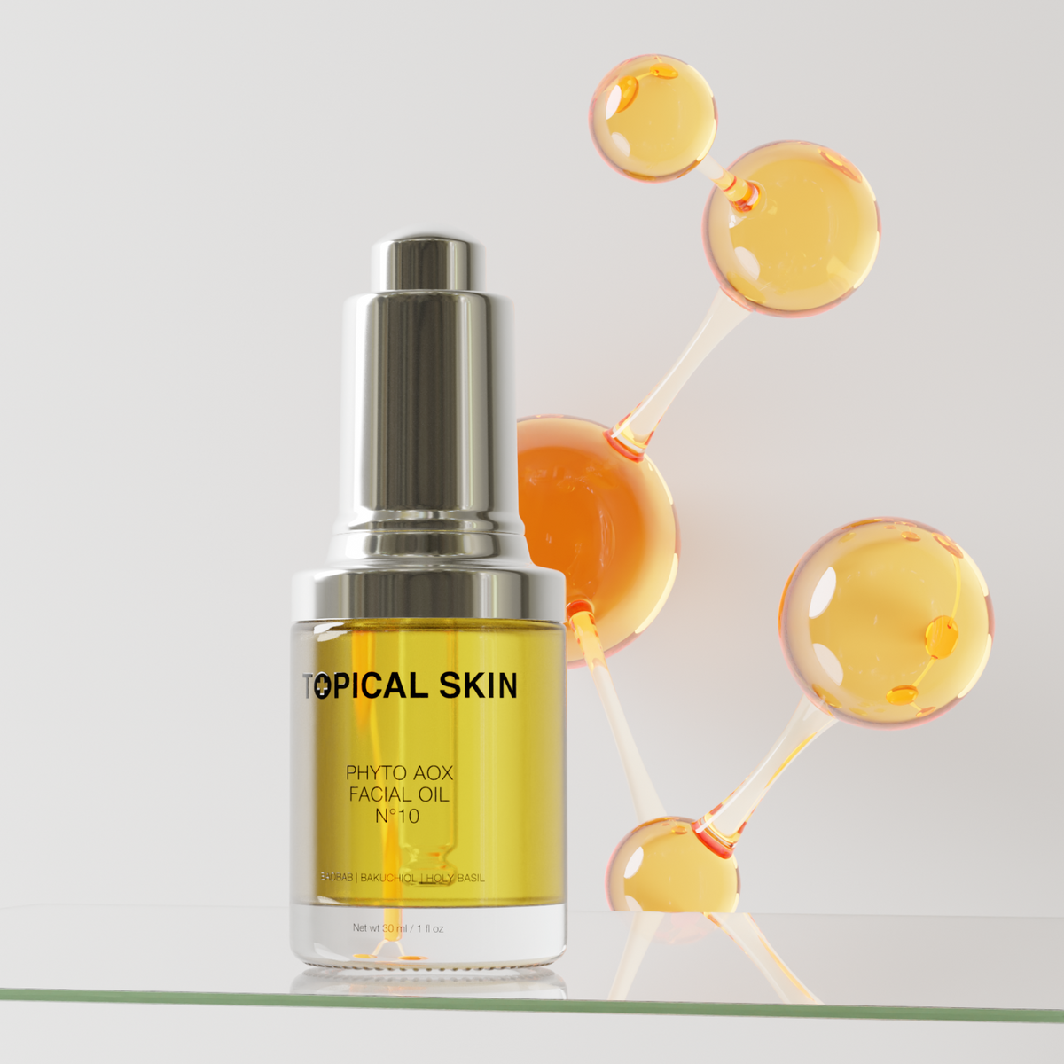 Phyto AOX Facial Oil N°10 with Exposome Defense Technology on a a glass shelf with a yellow molecule