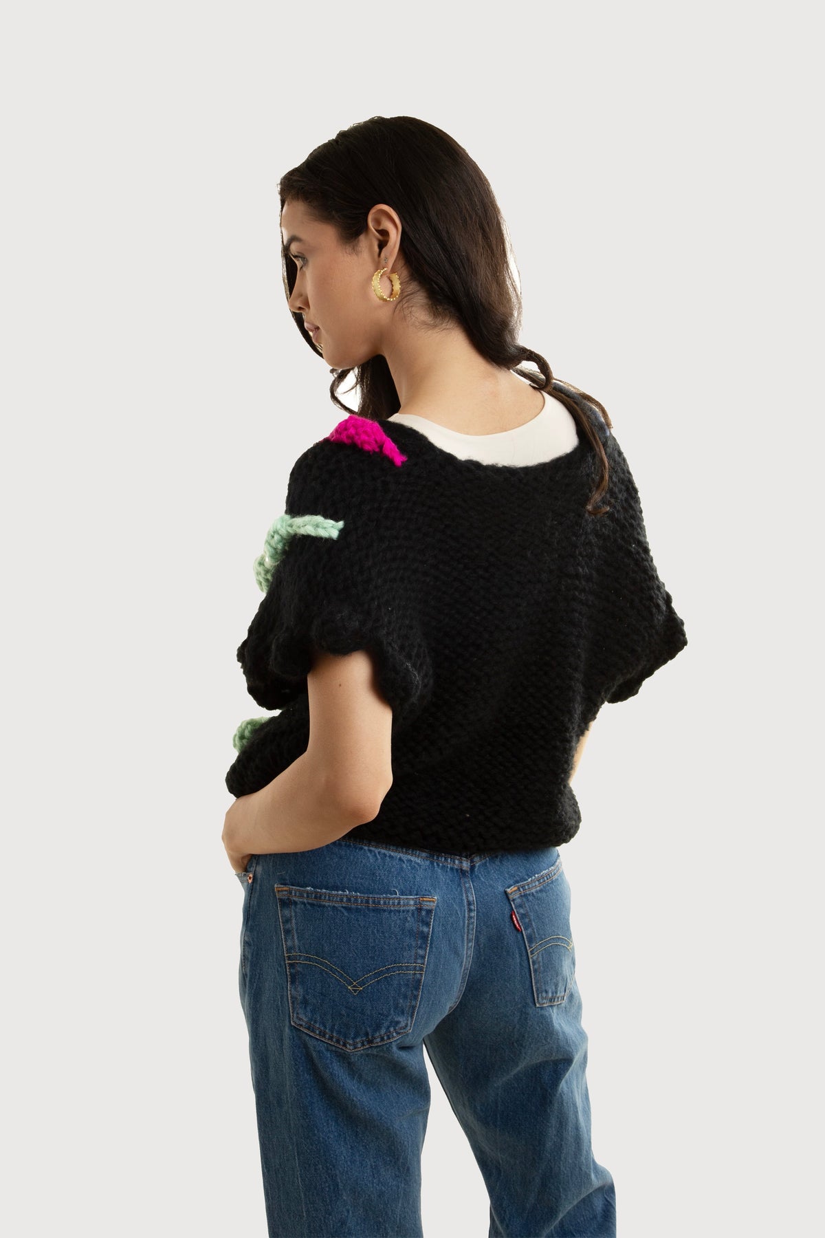 Multi Chunky Knit Sweater Vest - Black