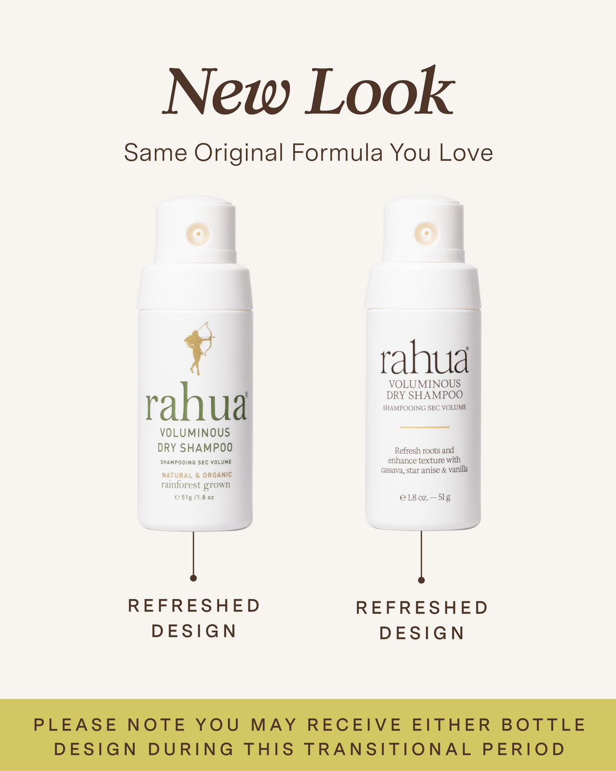 Two bottles of rahua voluminous dry shampoo with refreshed design on a white background.