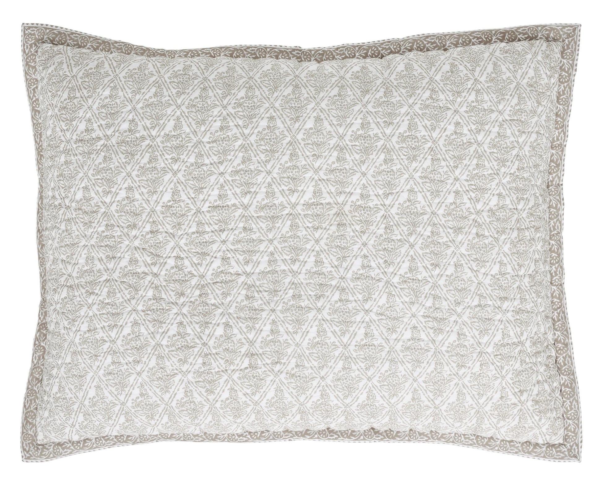 SS-348-2026_1|Quilted pillow sham with a subtle beige geometric floral pattern on white, bordered beautifully, adding classic charm to any quilt.