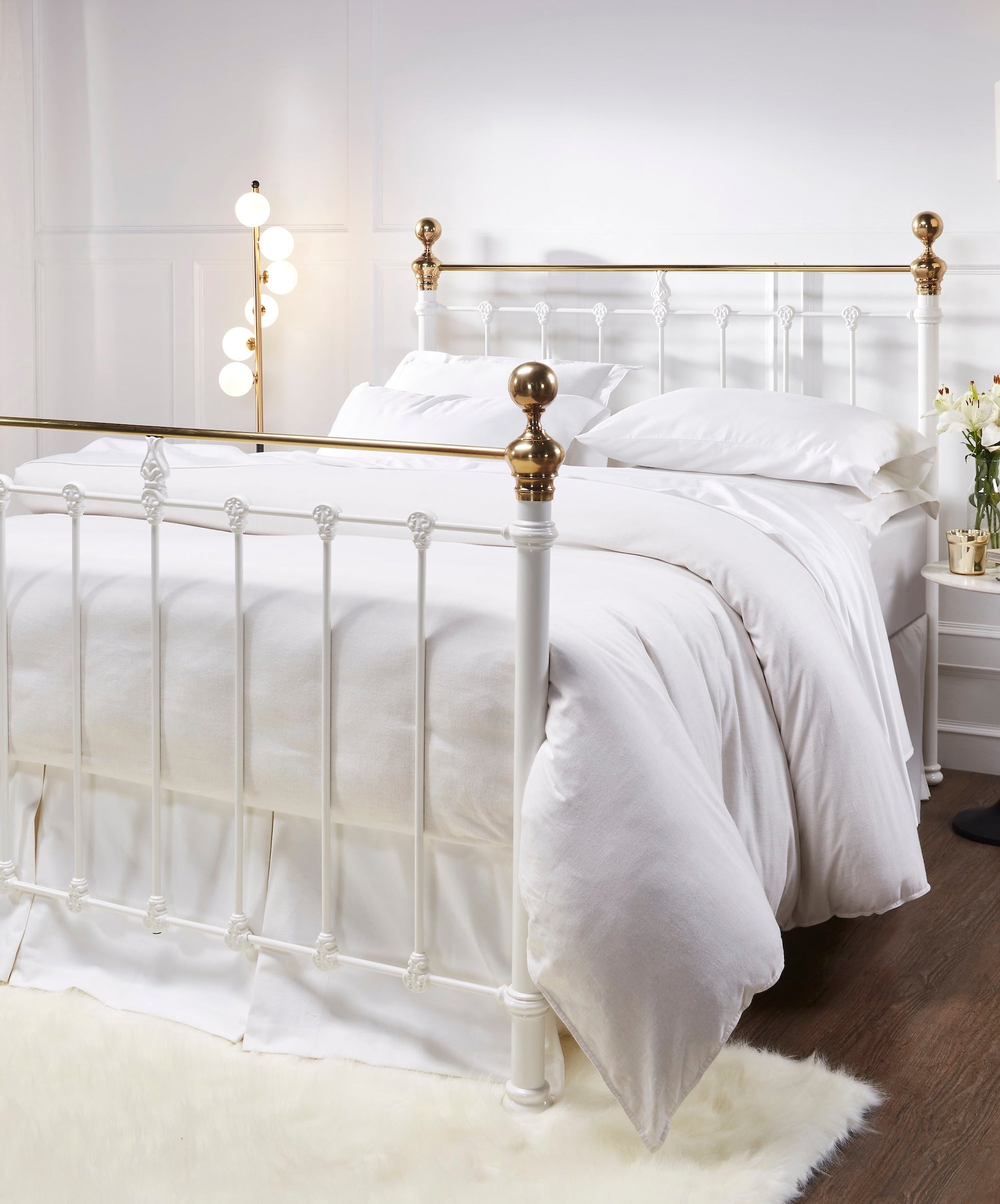 MB-202-7680_3|Sturdy white metal bed frame featuring decorative brass accents, providing a classic and elegant focal point in bedrooms.