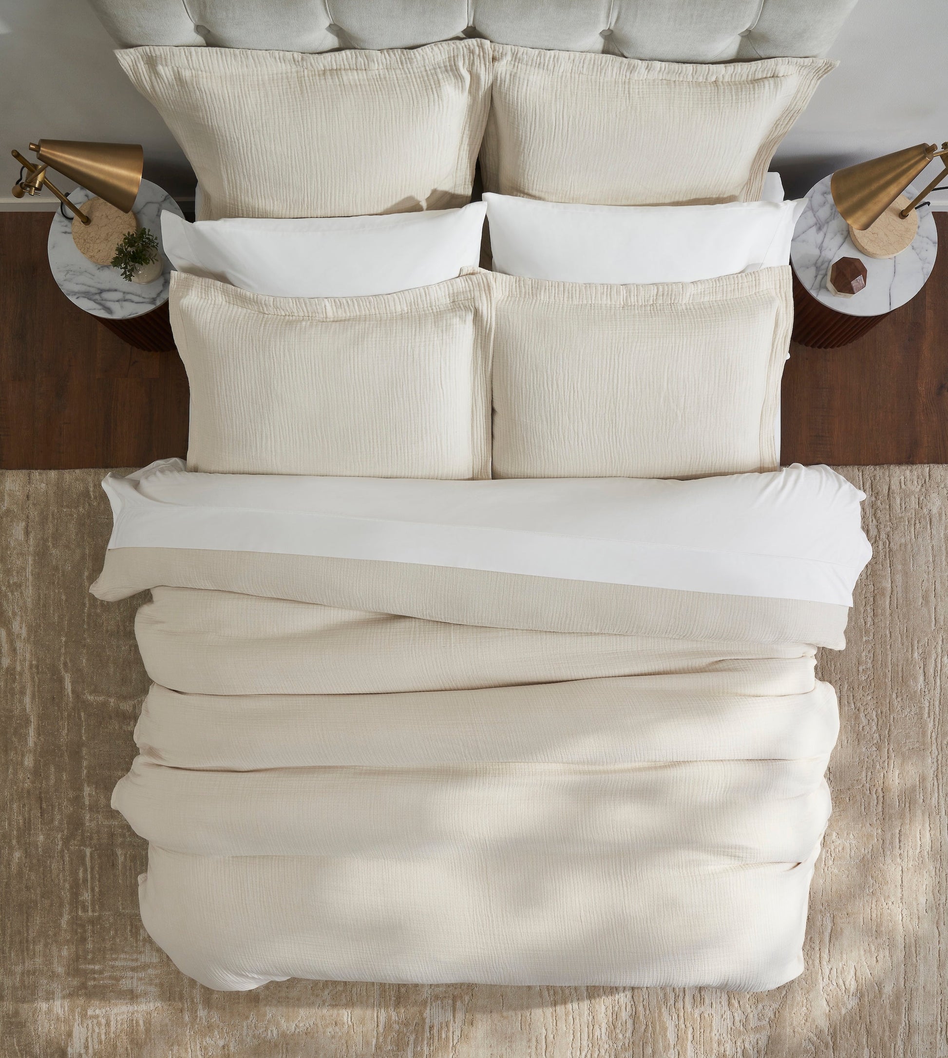 DT-049-9092_5|Overhead view of cream textured duvet cover, soft crinkled gauze-like fabric for a relaxed, inviting modern bedroom.