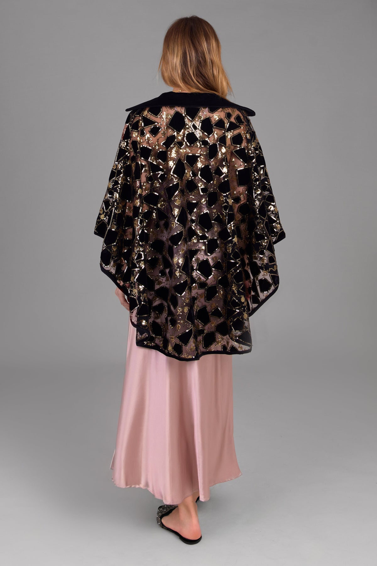 Velvet Sequin Collared Capelet - Black