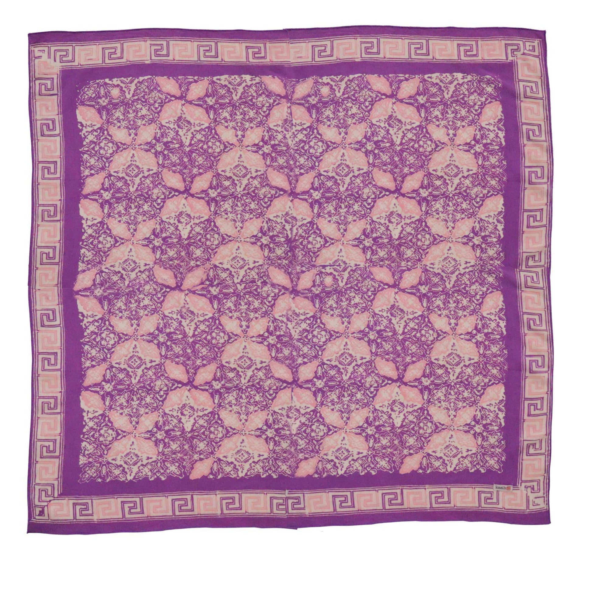 Purple scarf with a beige floral pattern on a white background