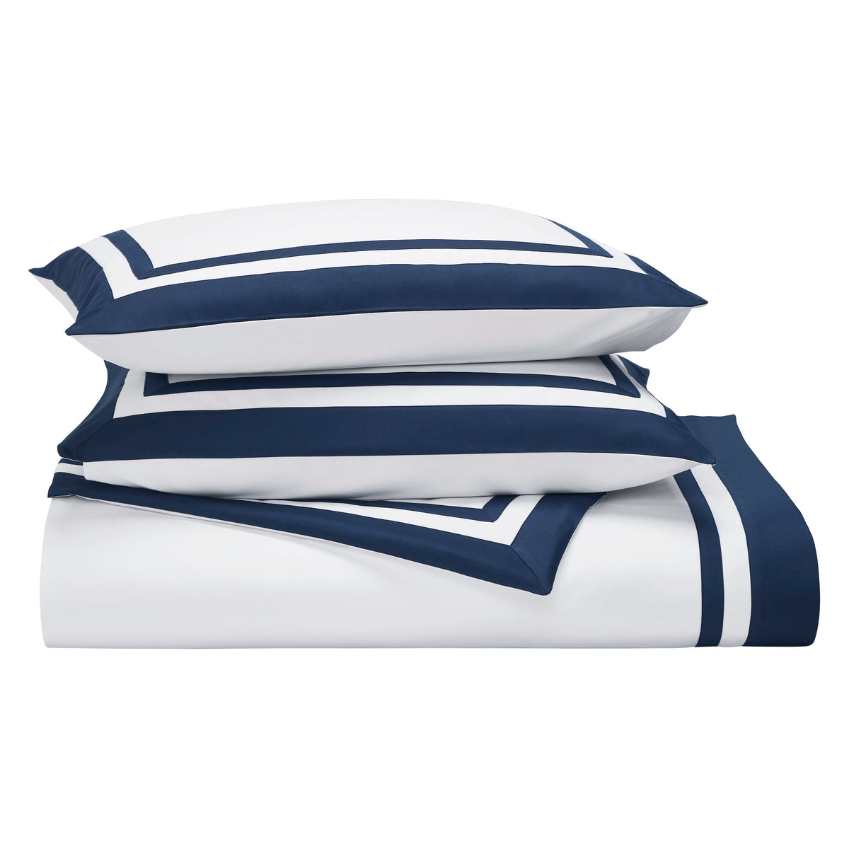 DT-069-6886_4|Stacked white duvet cover with navy blue double border stripe and matching pillow shams, elegant crisp bedding set.