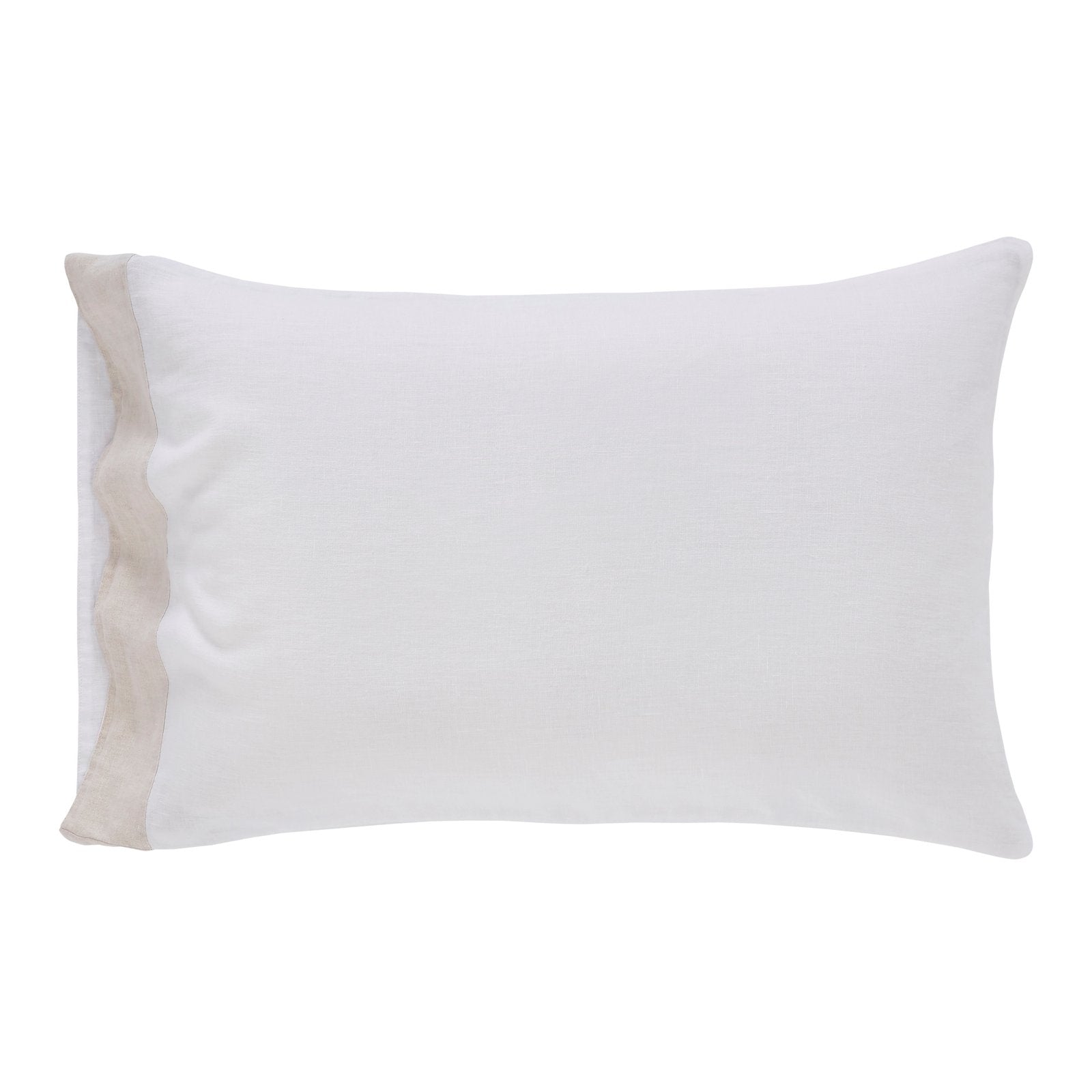 ASP-517-X_1|Crisp white linen pillow sham features an elegant tan ruffle trim, adding a touch of sophisticated charm to bedding.