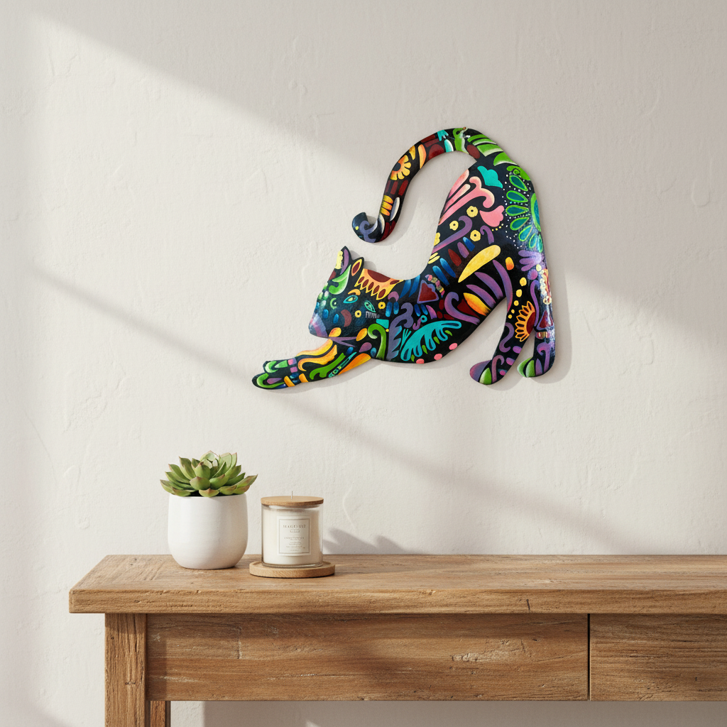 Vivid Cat Stretching metal wall art hung in a boho coastal living room above a wooden console table