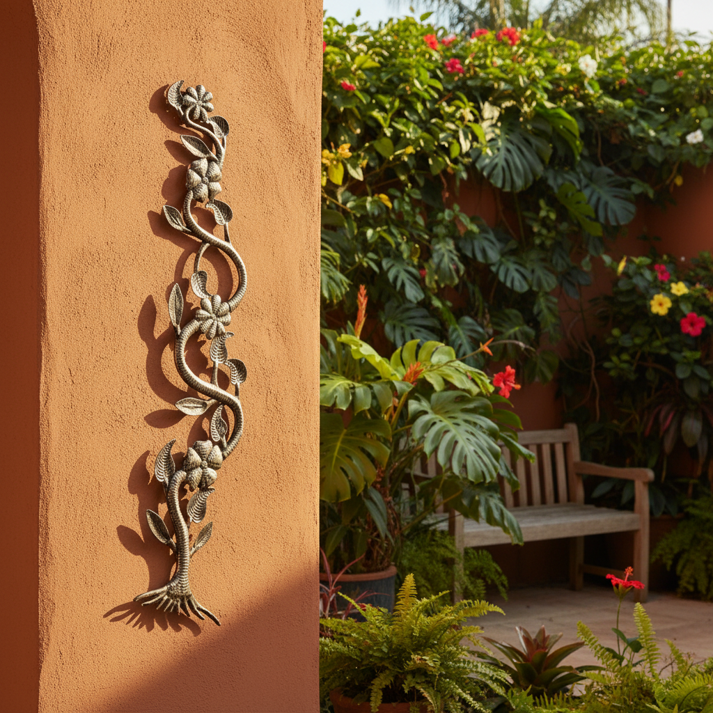 To the Heavens Haitian metal art displayed on patio garden wall