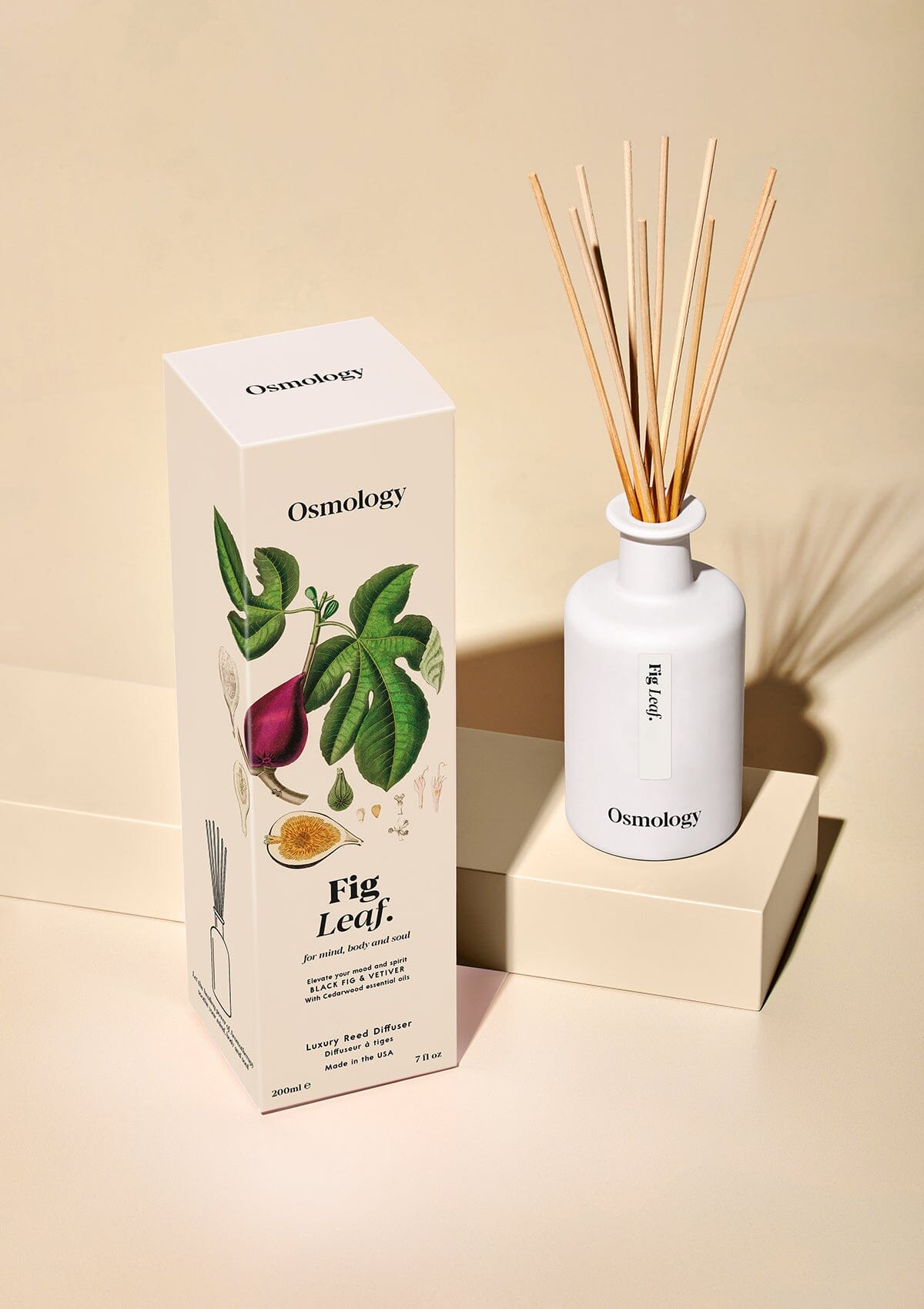 Osmology Fig leaf reed diffuser and botanical illustrated packaging on a white background