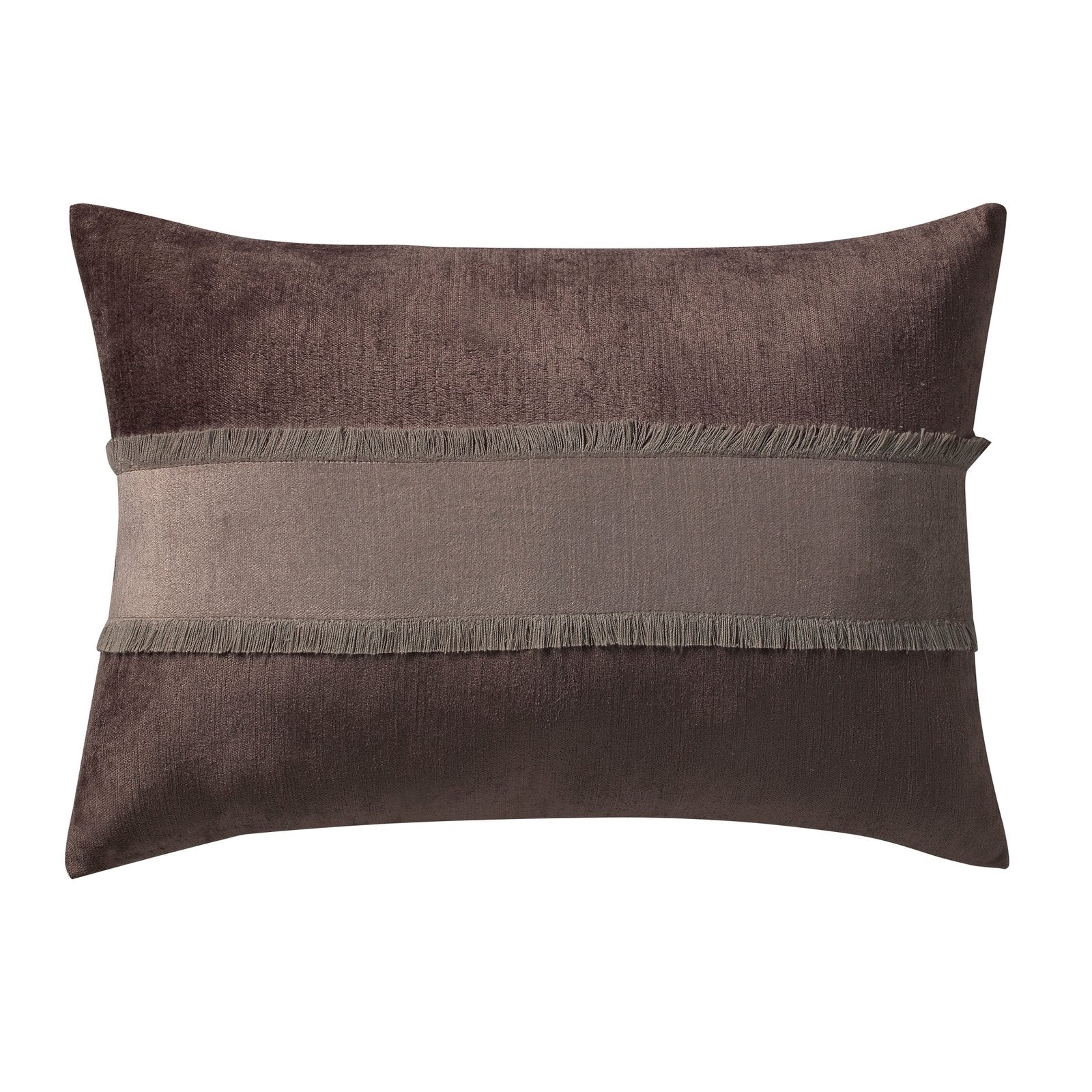 DP-1325-1420_1|Luxurious brown velvet decorative pillow with elegant beige fringe stripe, perfect for sophisticated bedroom styling.