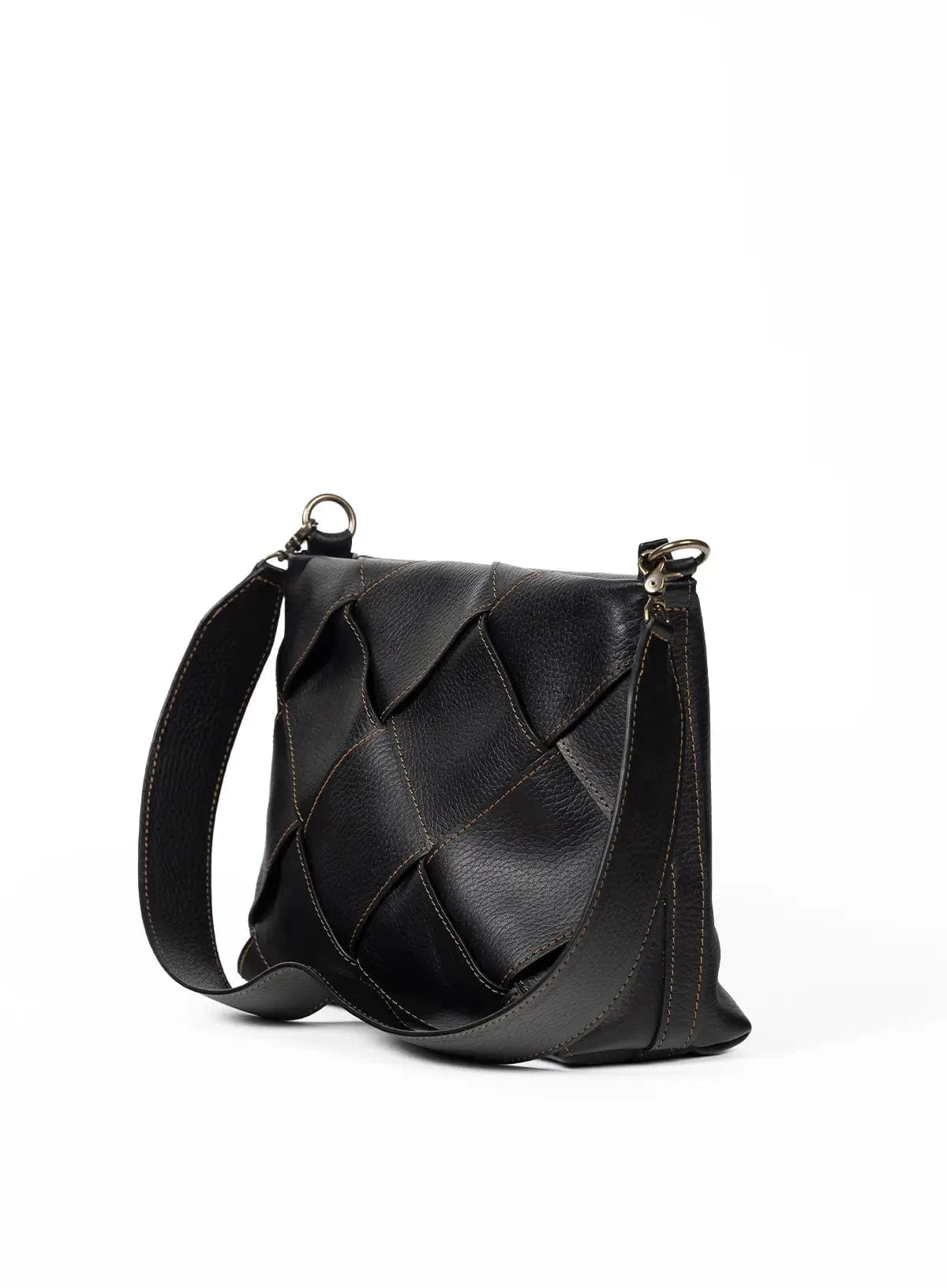 Black woven handbag on a white background