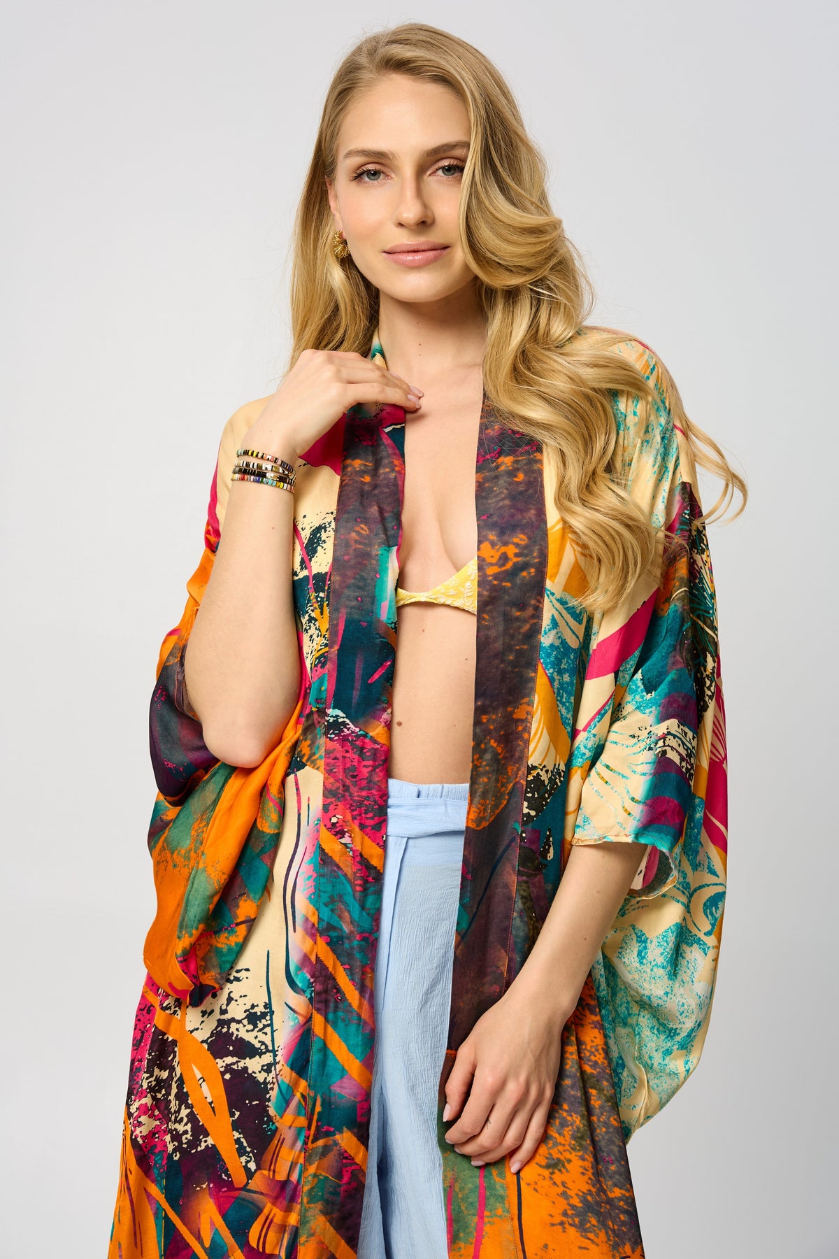 Vibrant Satin Kimono Abstract Dark Orange