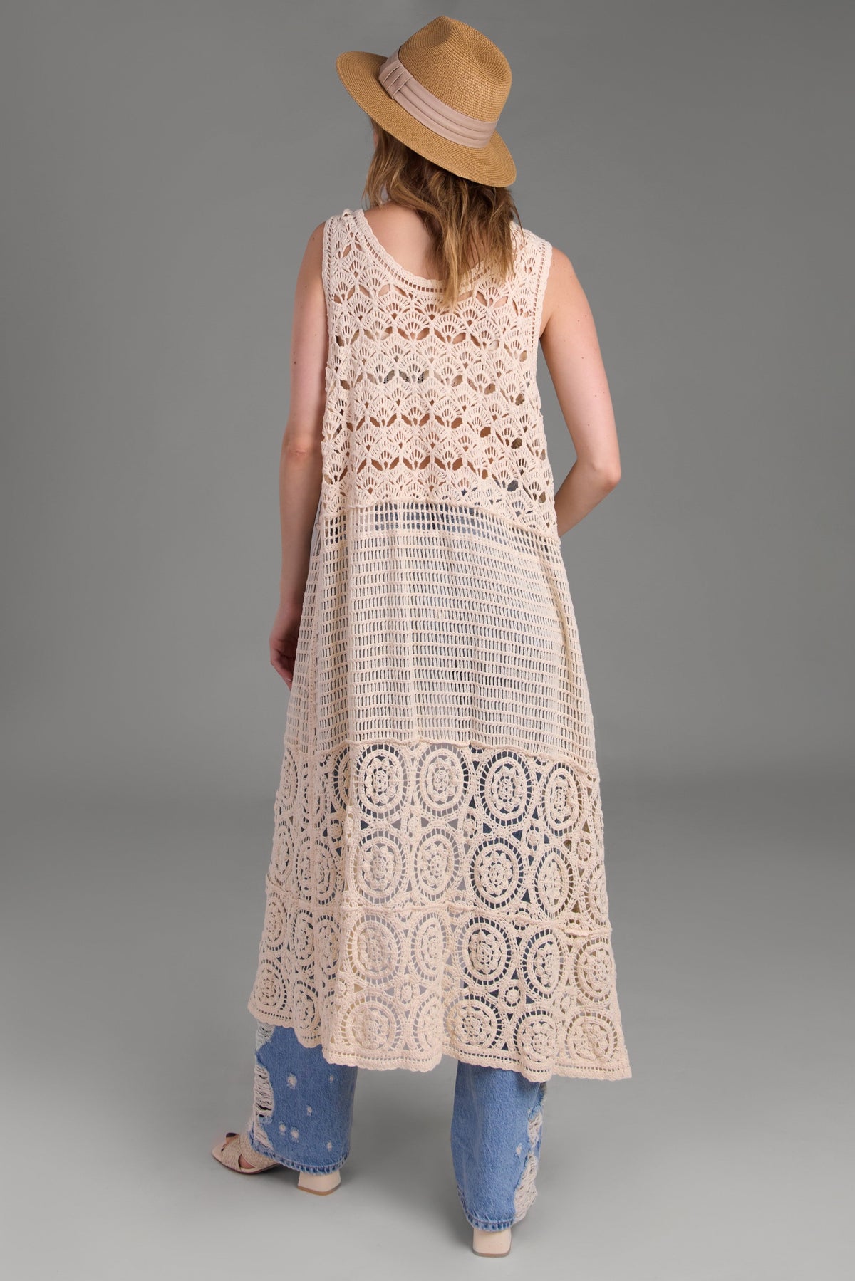 Crochet Tie Front Long Kimono - Ivory
