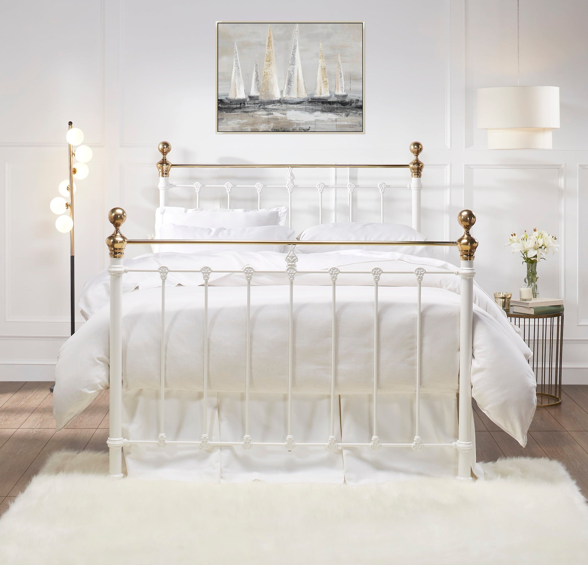 MB-202-7680_1|Elegant white metal bed frame with sophisticated brass accents, creating a classic, inviting centerpiece for any bedroom.