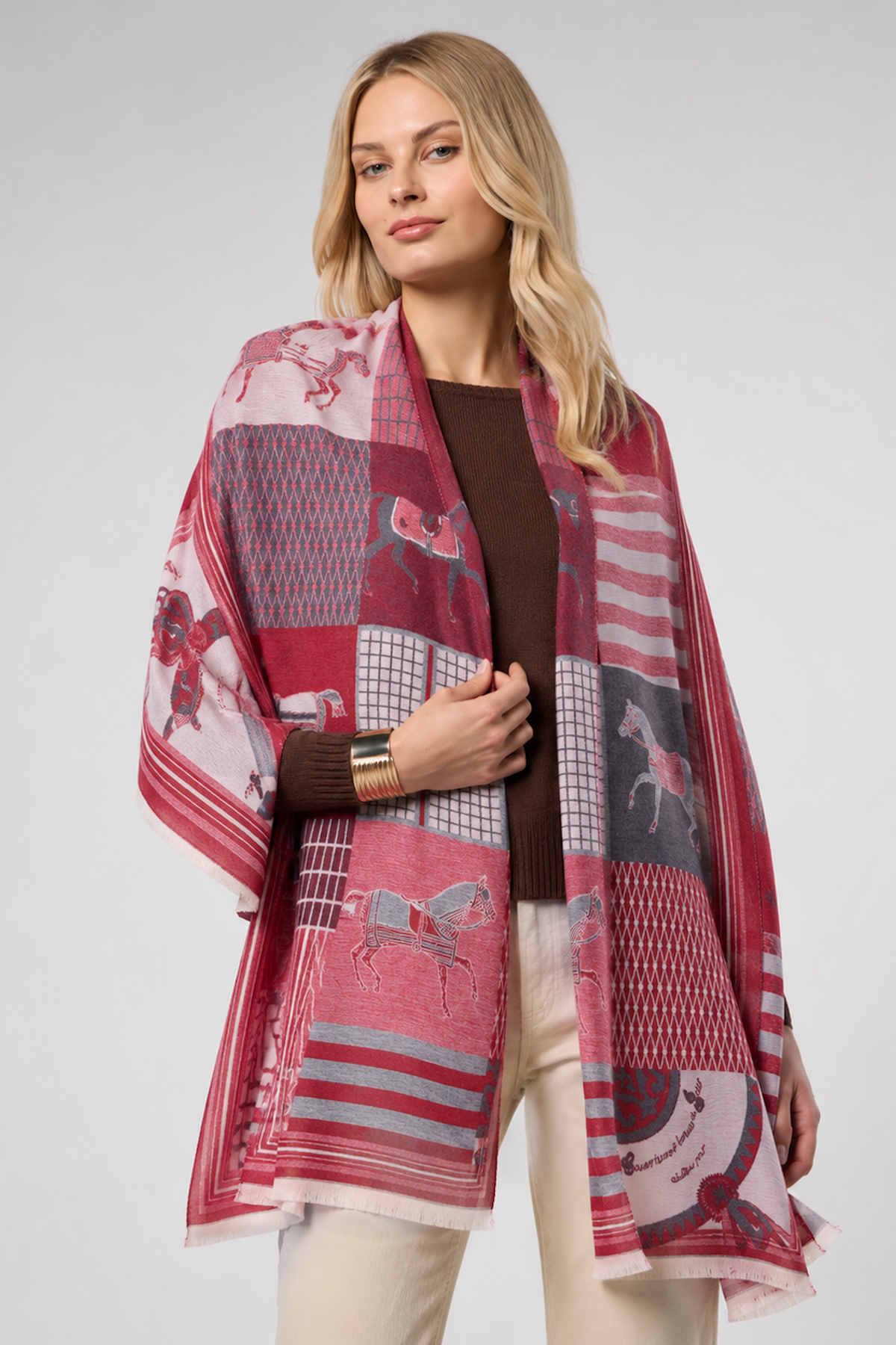 Equestrian Patchwork Knit Scarf - Red