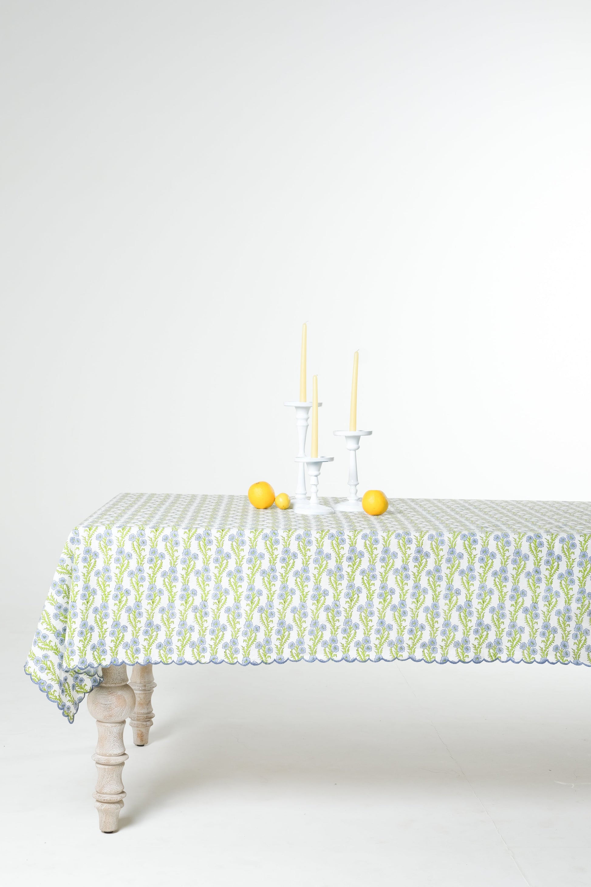 Inner Child blue forget-me-not scallop embroidered blockprint tablecloth with decorative accents