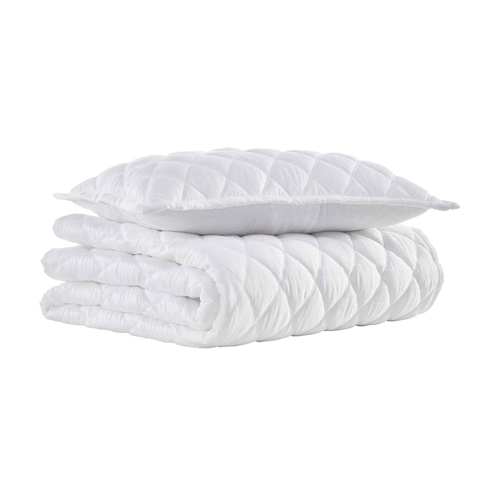 CL-179-11096_5|Neatly folded white diamond quilted coverlet and matching pillow, ready to provide versatile comfort and style.