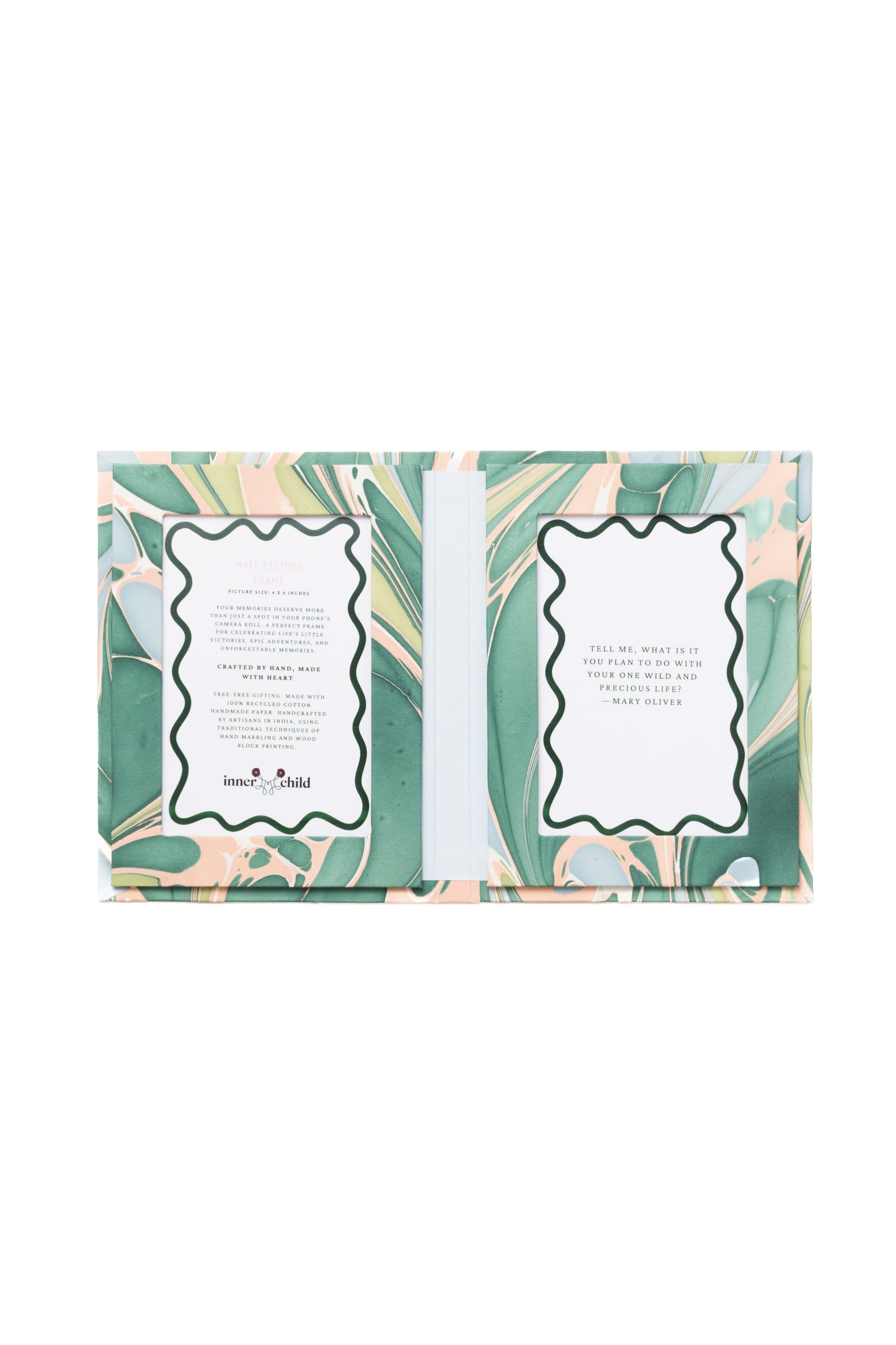 Inner Child hand marbled 4x6 folding photo frame green pink
