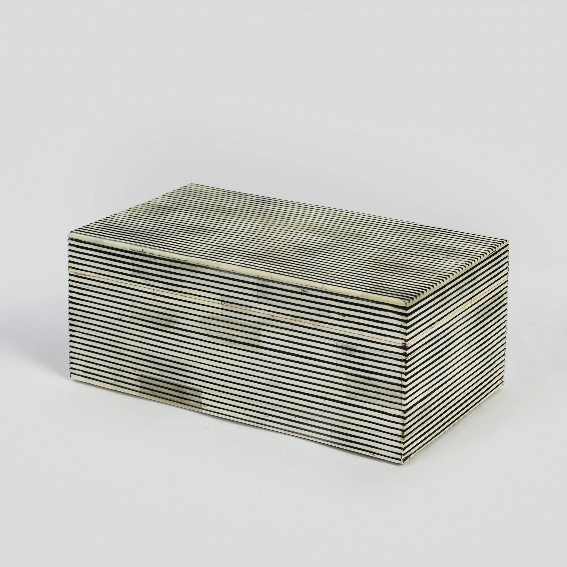 Natural finish pinstripe bone inlay storage box with lid open