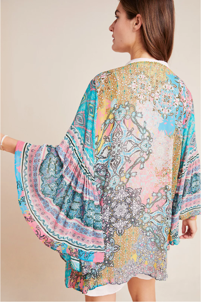 Mystical Garden Ruffle Sleeve Kimono - PaleTurquoise
