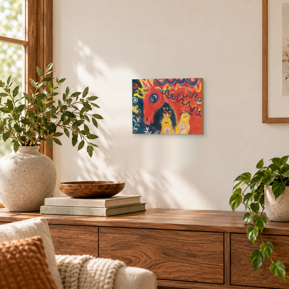 Horse and birds folk art print, styled on a wall in a room