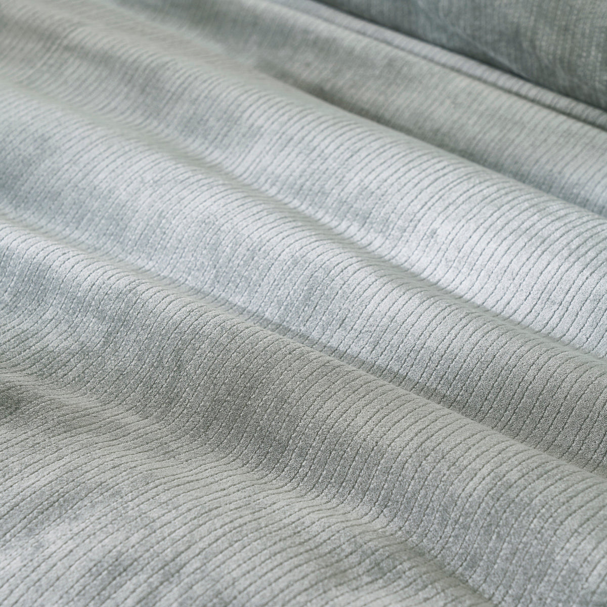 DT-054-9092_6|Soft light grey velvet corduroy textured duvet cover fabric, showing luxurious folds and detailed vertical stripes.