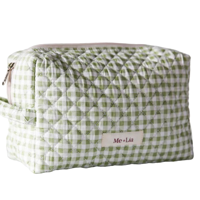 Gingham Matcha Make-up Bag Large — green gingham quilted cotton travel pouch, angled view with zip