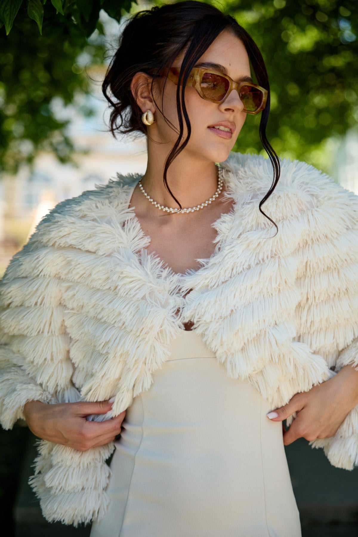 Faux Fur Tasseled Capelet - White