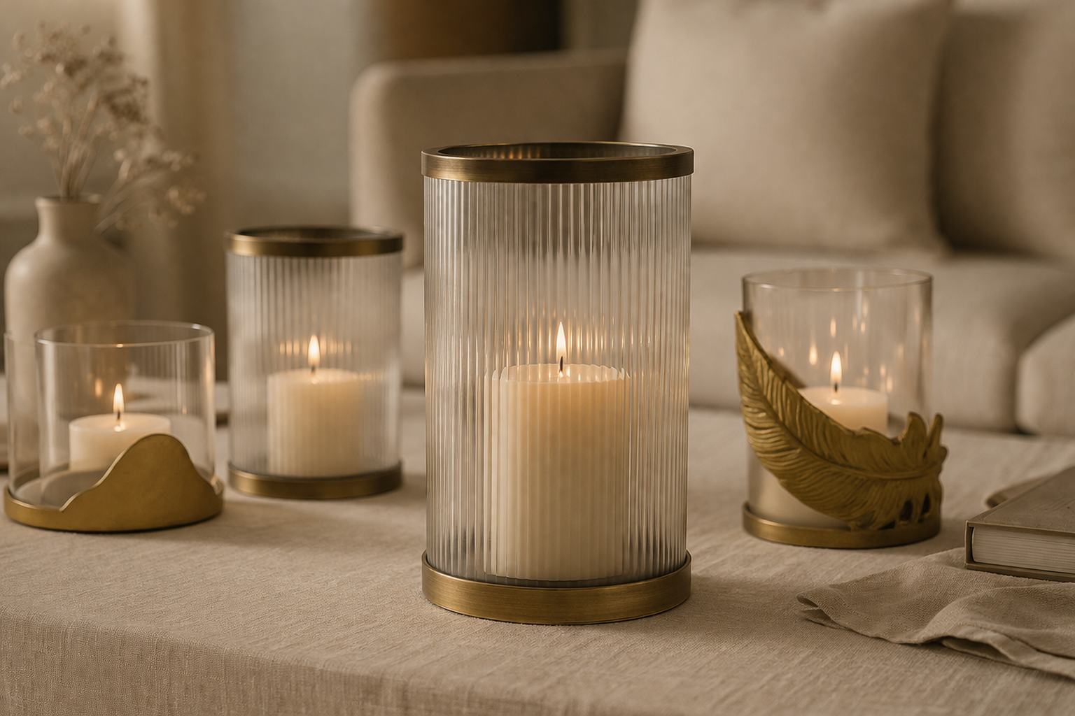 Decorative candles in glass holders on a table with a soft focus background
