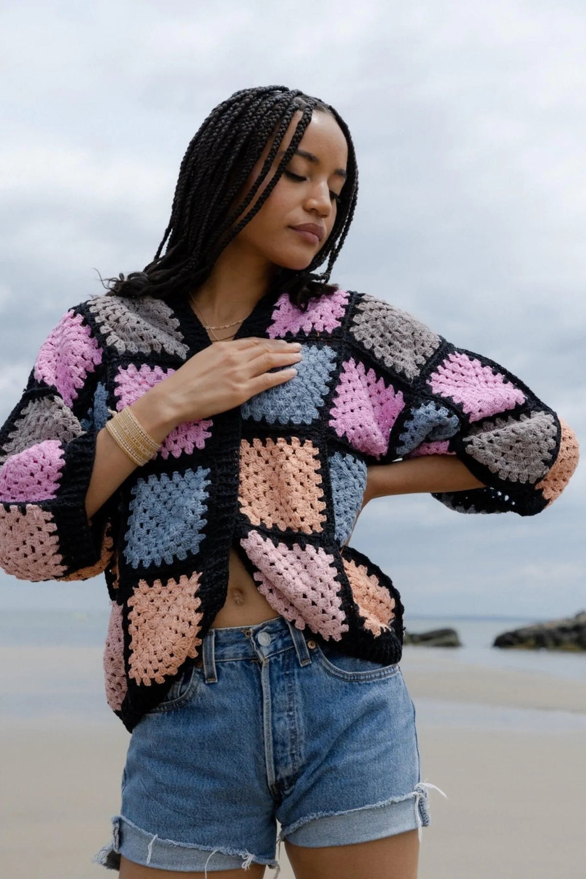 Crochet Pastel Squared Short Jacket - Black