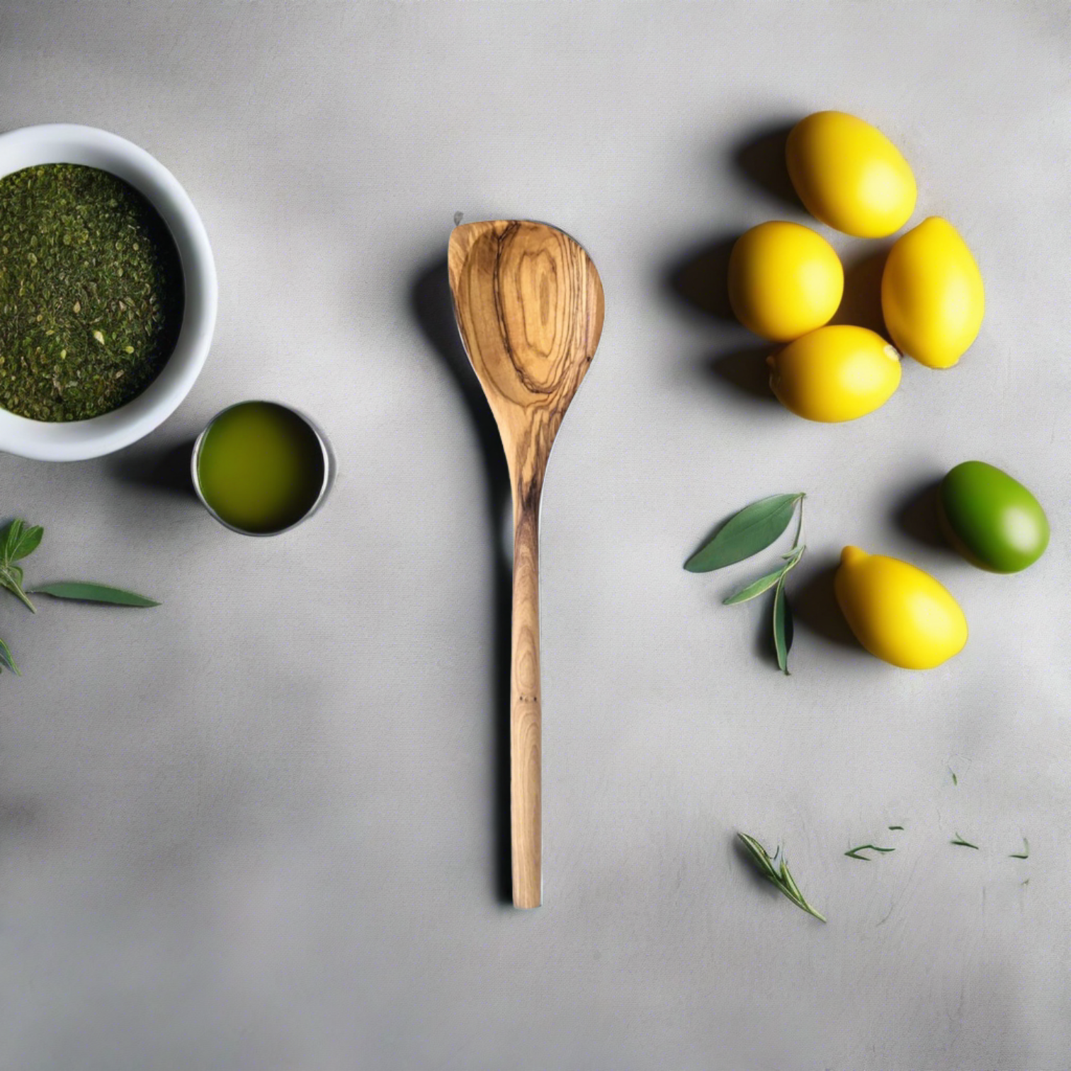 A natural olive wood pointed spoon resting on a gray surface, accompanied by a small bowl filled with spices and a few lemons, creating a warm and earthy kitchen scene.