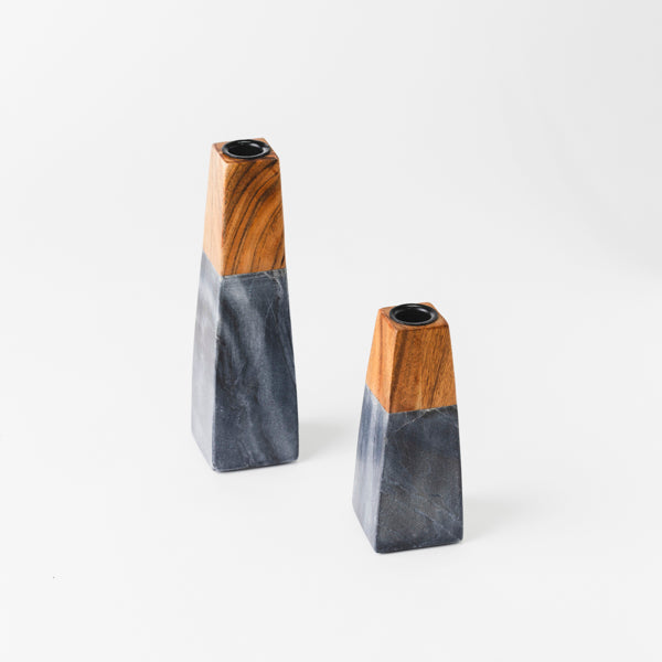 close-up of marble and wood contrast on candleholder