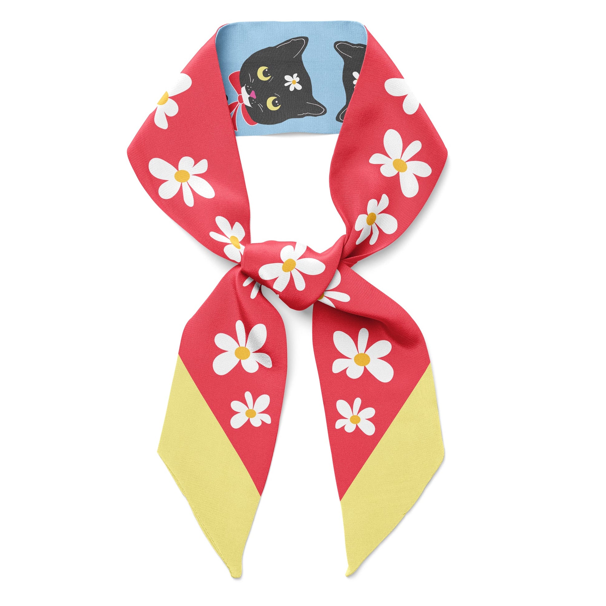 flowers on red and yellow twilly bow ribbon silk scarf. Double sided.