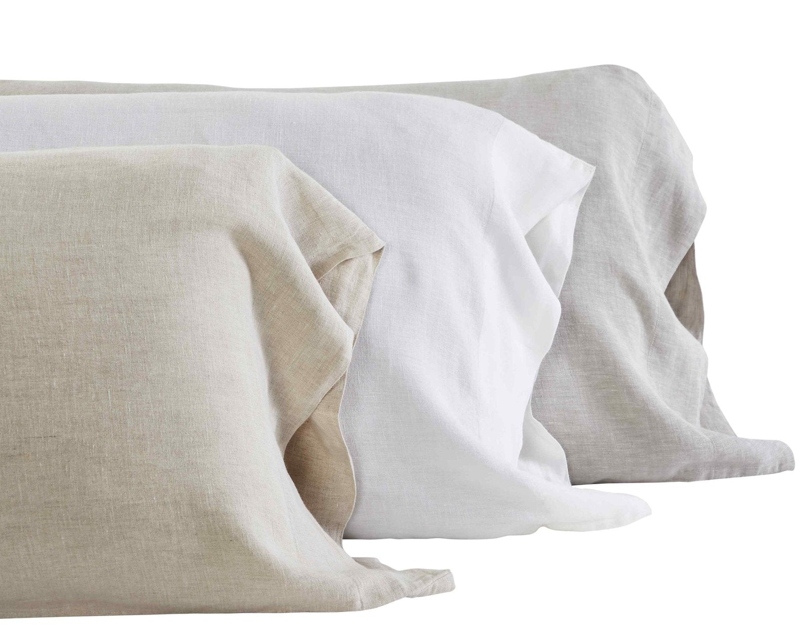 AKP-515-2040_4|Assortment of 100% Linen sheets in natural, white, and light grey shades. Soft, breathable, textured bedding options.