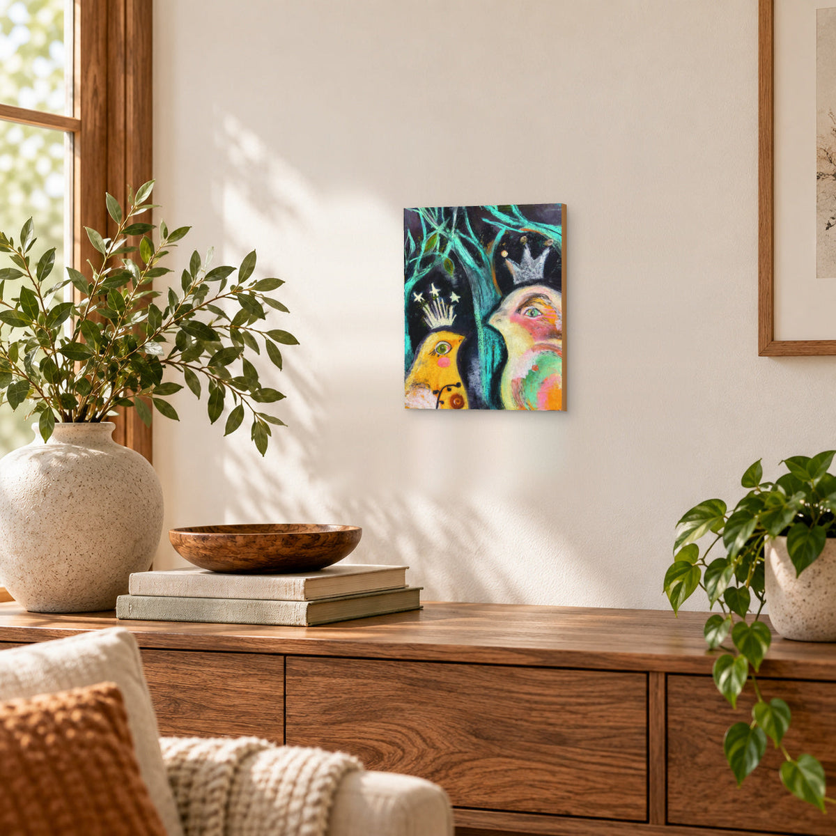 11×14 New Friend bird art print on gesso board hanging on a wall in a styled room