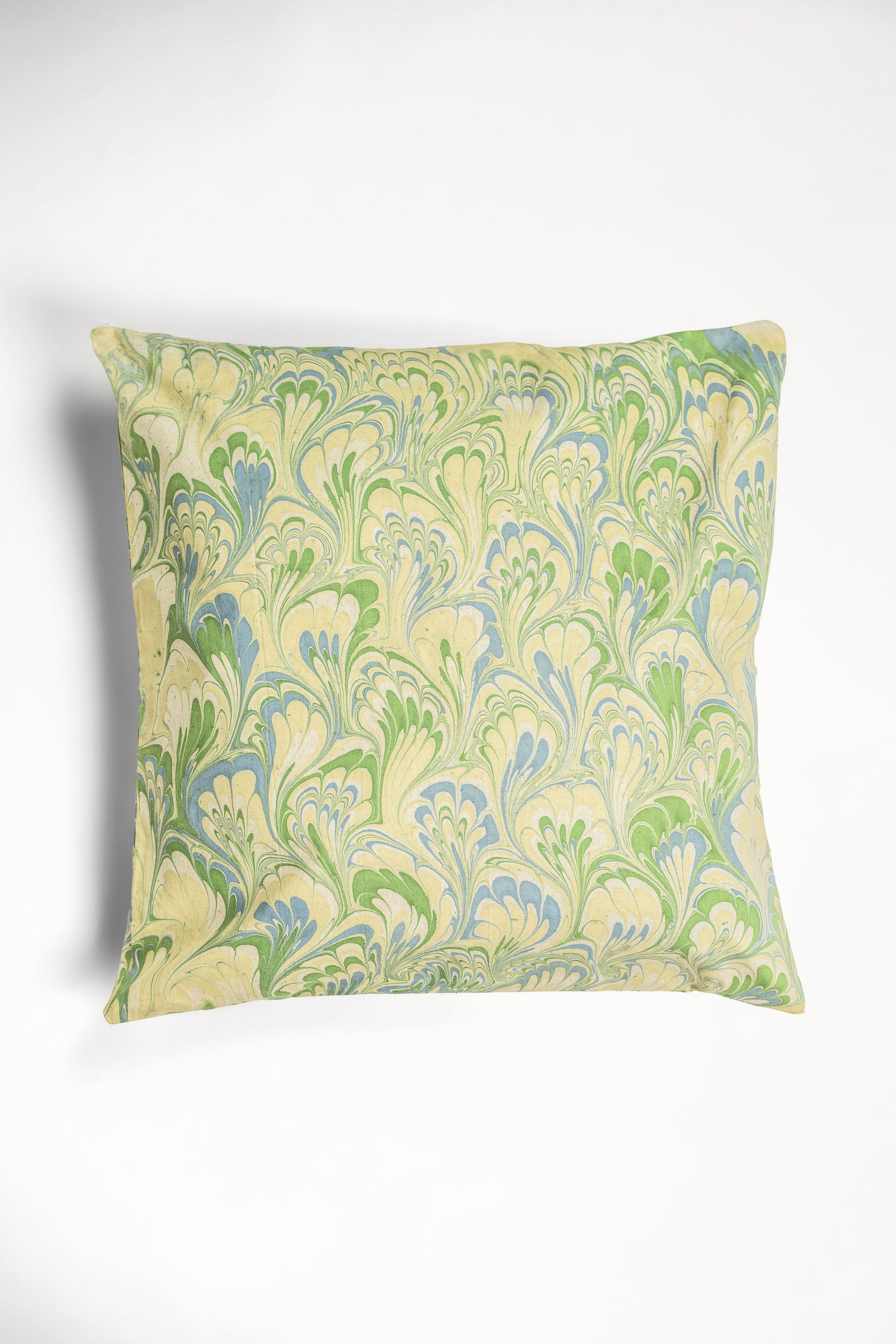 Hand-marbled square decorative pillow with blue-green-yellow swirls - Inner Child